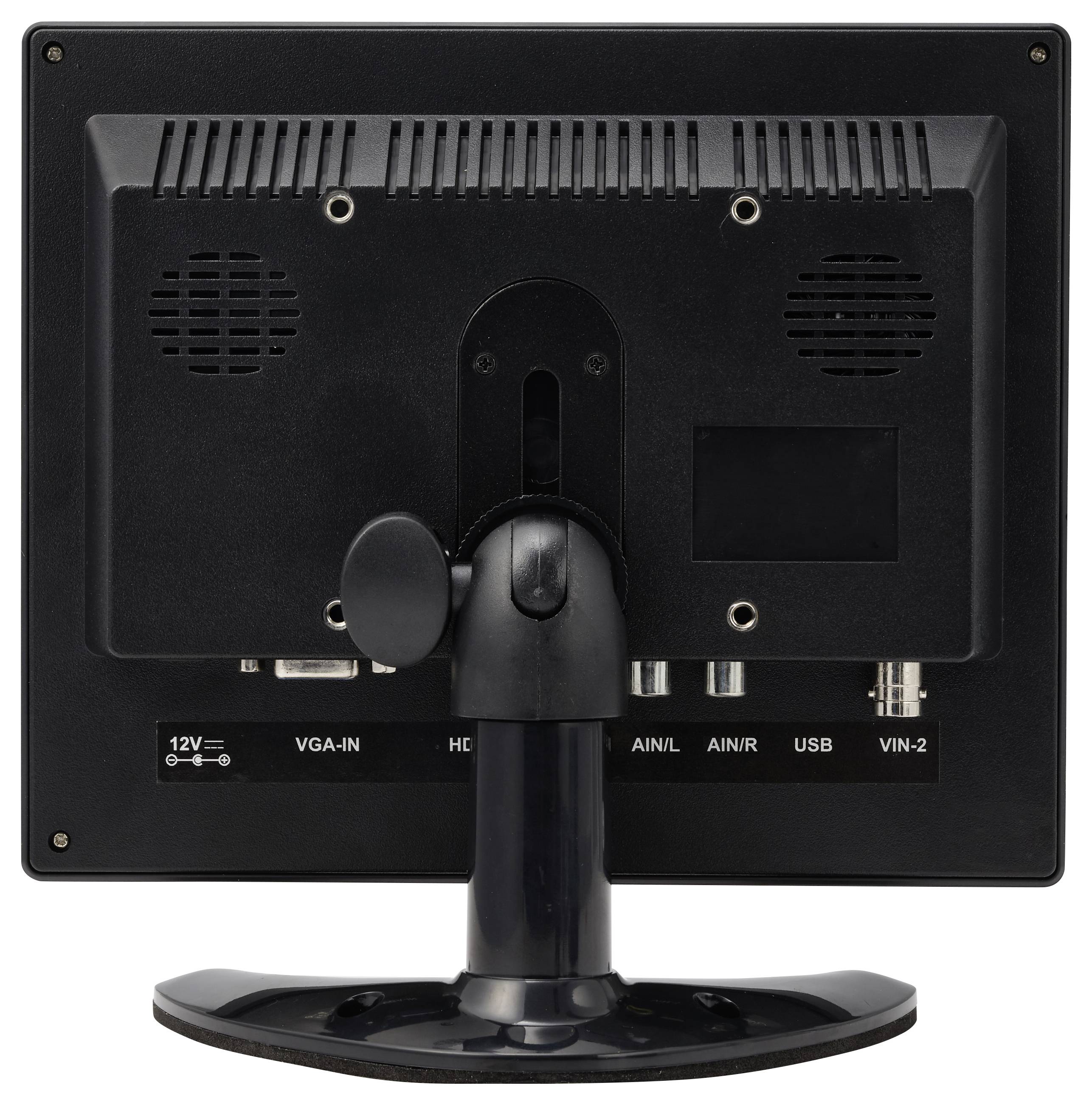 Rückseite eines Desktop-Monitors auf einem Ständer, die Strom-, VGA-, Audio-, USB- und Video-Eingangsbuchsen zeigt.
