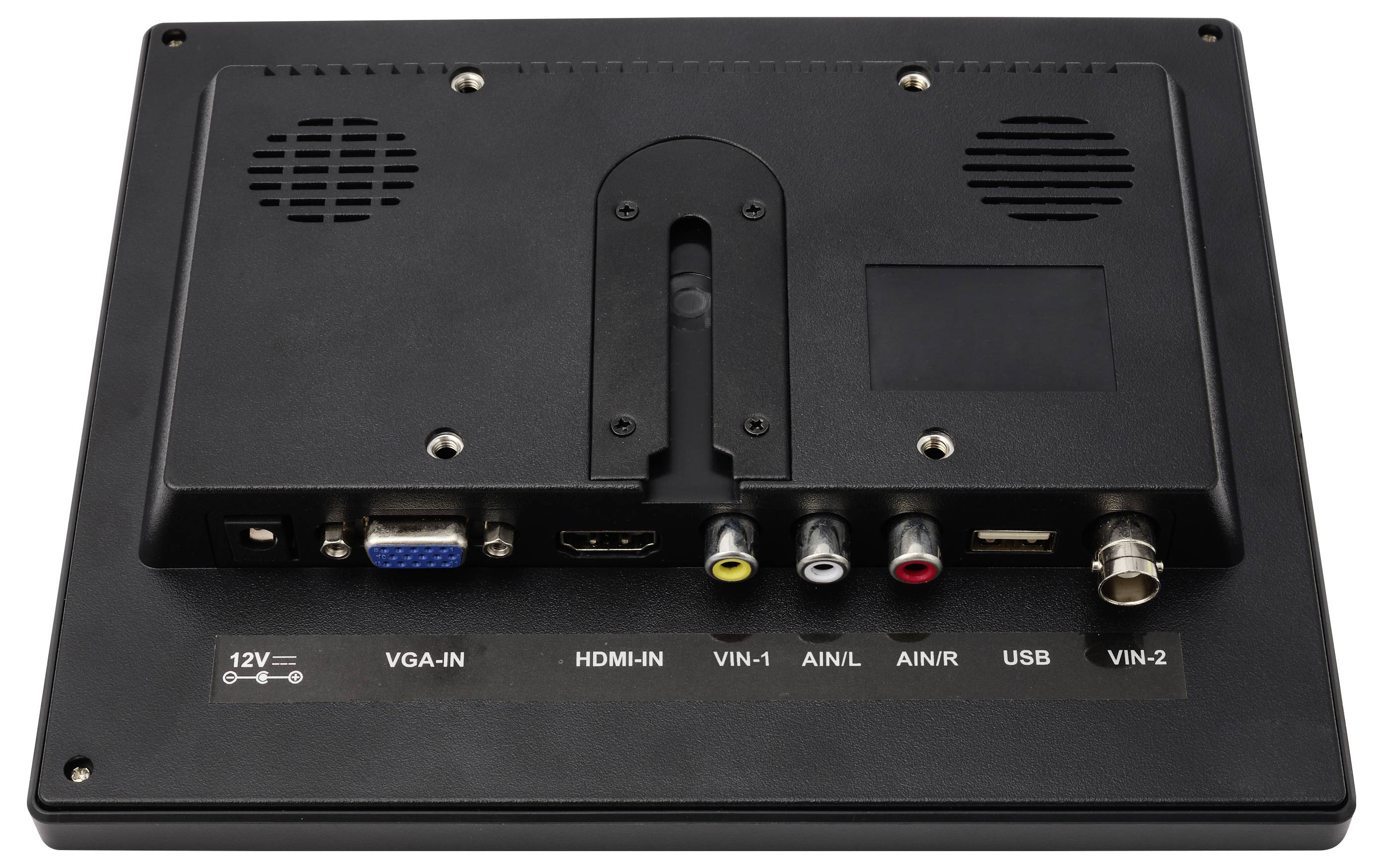 Rückansicht eines Displaymonitors mit Eingabeanschlüssen und Beschriftungen: VGA-IN, HDMI-IN, VIN-1, AIN/L, AIN/R, USB, VIN-2 und 12V-Stromversorgung.