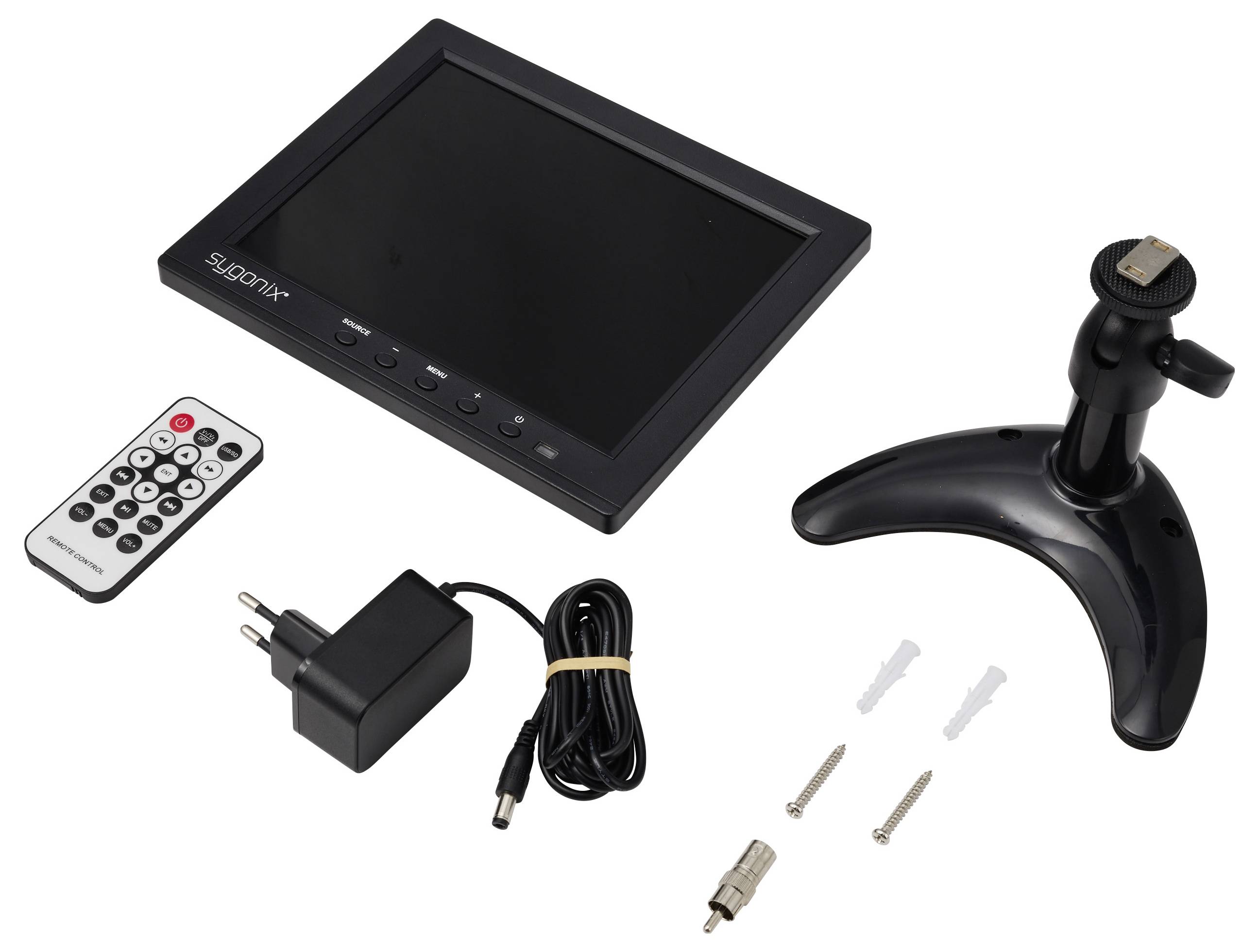 Digital-Bilderrahmen-Set mit Bildschirm, Fernbedienung, Netzteil und Kabel, verstellbarem Ständer und Befestigungsschrauben/Dübeln.