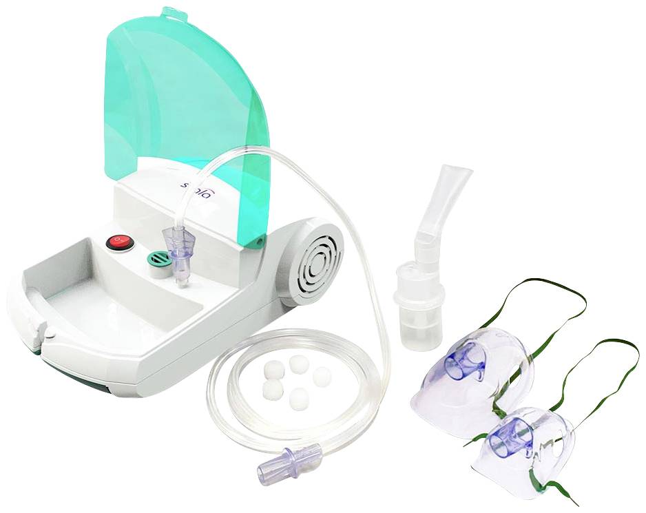 Tragbarer Inhalator mit Gesichtsmasken für Erwachsene und Kinder. Enthält Schlauch, Mundstück und Filter; zur Behandlung von Atemwegserkrankungen.