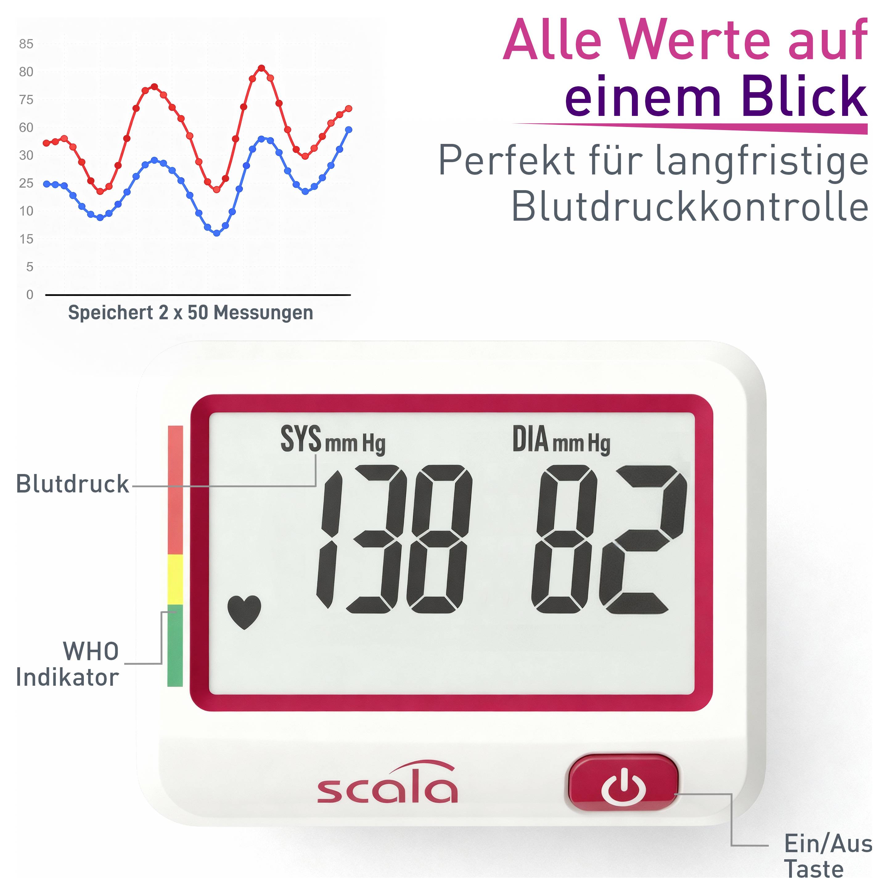 Blutdruckmessgerät mit Anzeige: 'SYS mm Hg 138', 'DIA mm Hg 82'. Text: 'Alle Werte auf einem Blick', 'Perfekt für langfristige Blutdruckkontrolle'.