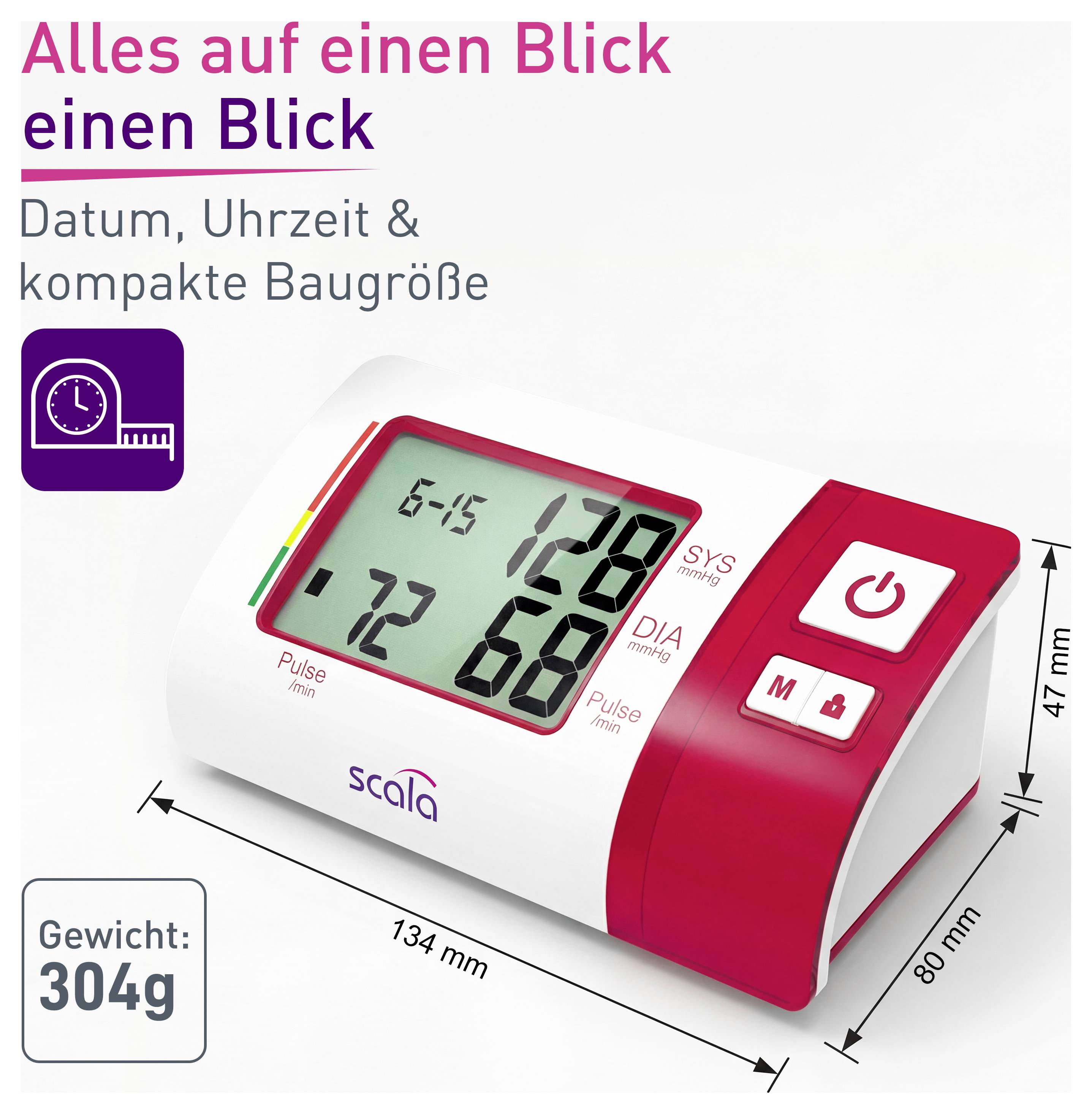 Digitales Blutdruckmessgerät mit großem Display zeigt systolischen und diastolischen Blutdruck sowie Puls. Größe: 134x47 mm. Gewicht: 304g.