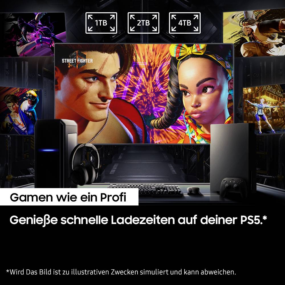 Bild eines Gaming-Setups mit PS5 und Monitor, der ein Videospiel zeigt. Text auf Deutsch: 'Gamen wie ein Profi. Genieße schnelle Ladezeiten.'