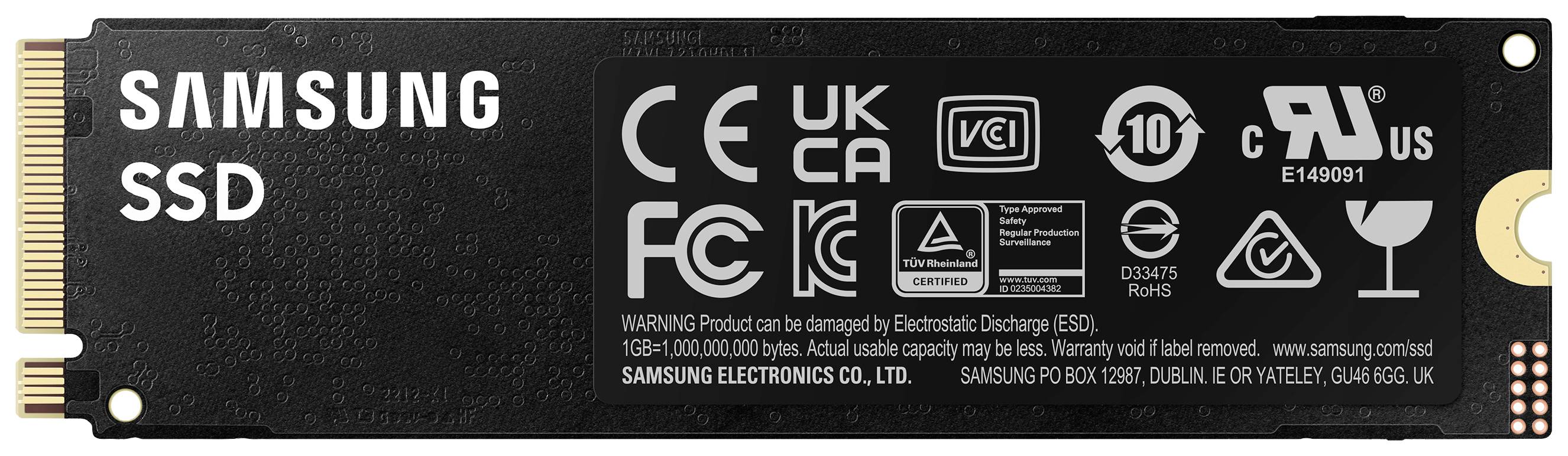 'Samsung SSD' mit diversen Zertifizierungslogos und einem Warnhinweis zur elektrostatischen Entladung. Kapazität: 1TB.