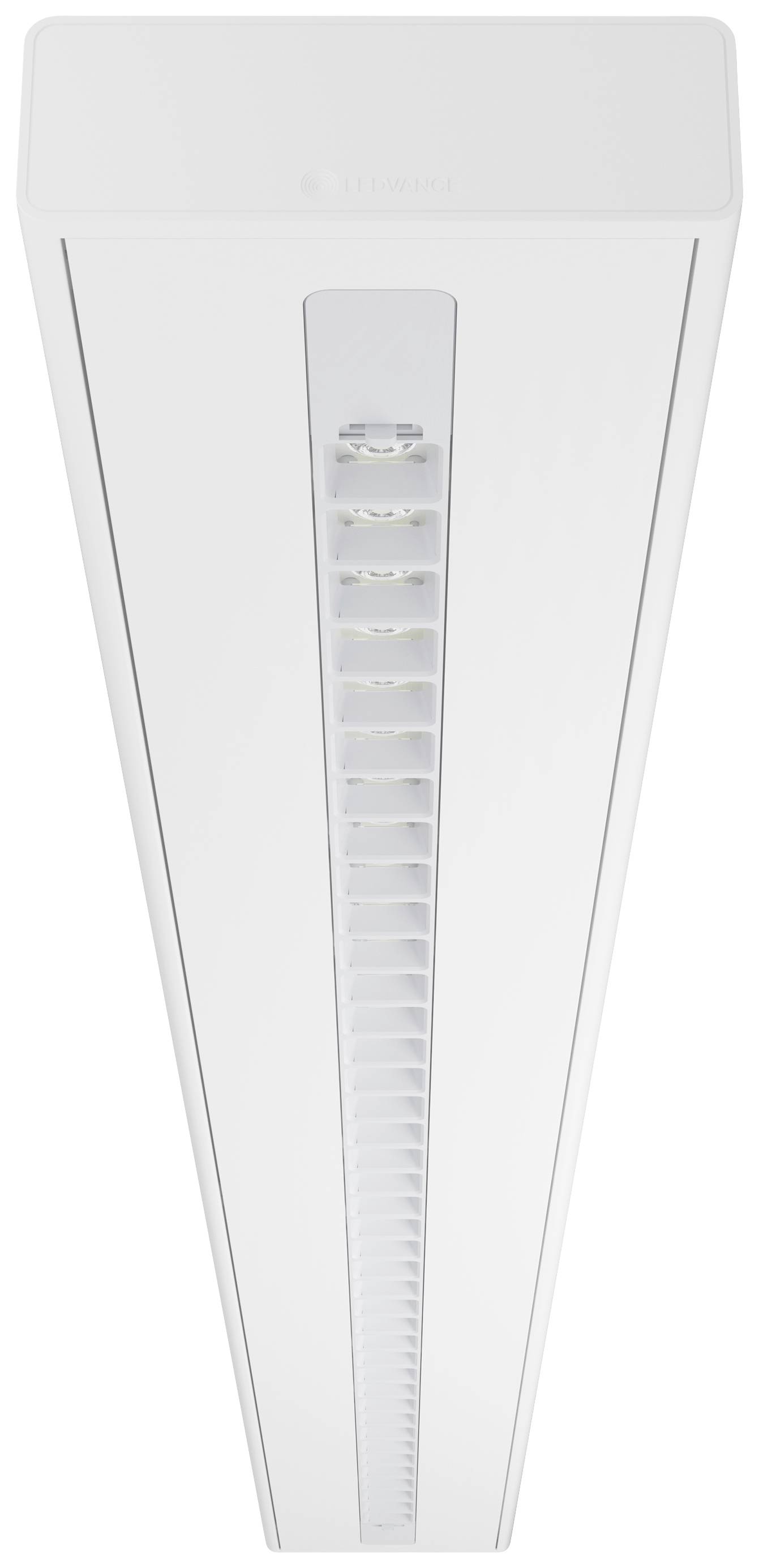 Eine weiße LED-Leuchte mit einem schmalen, langen Design, geeignet für Deckenmontage. Sichtbar ist eine Reihe von LEDs in der Mitte.