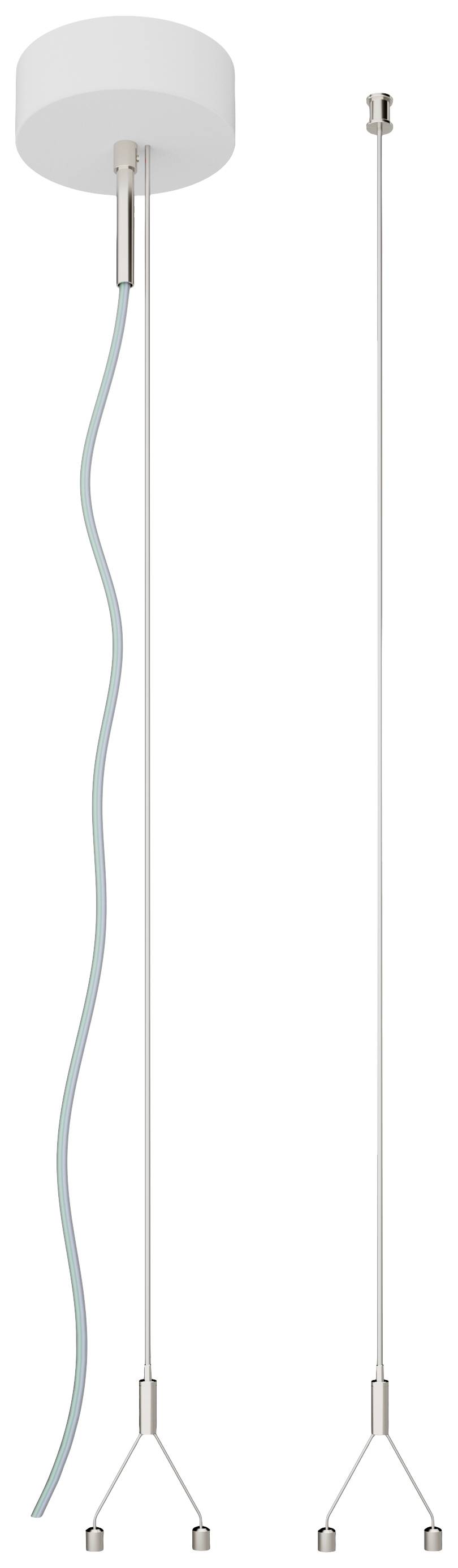 Zwei Stahlseil-Pendelsysteme mit einer weißen Deckenhalterung. Eins enthält ein blaues Kabel, das andere ist ohne Kabel dargestellt.