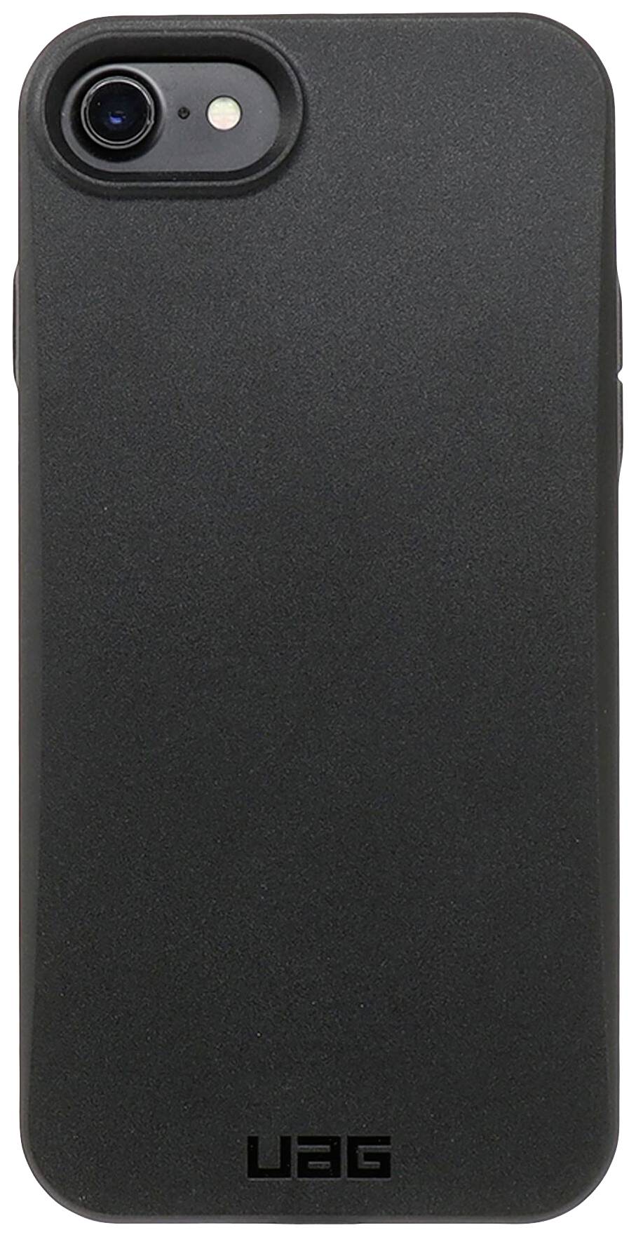 Schwarze Smartphone-Hülle mit Kameraaussparung oben links und Logo 'UAG' unten, schlichtes Design.