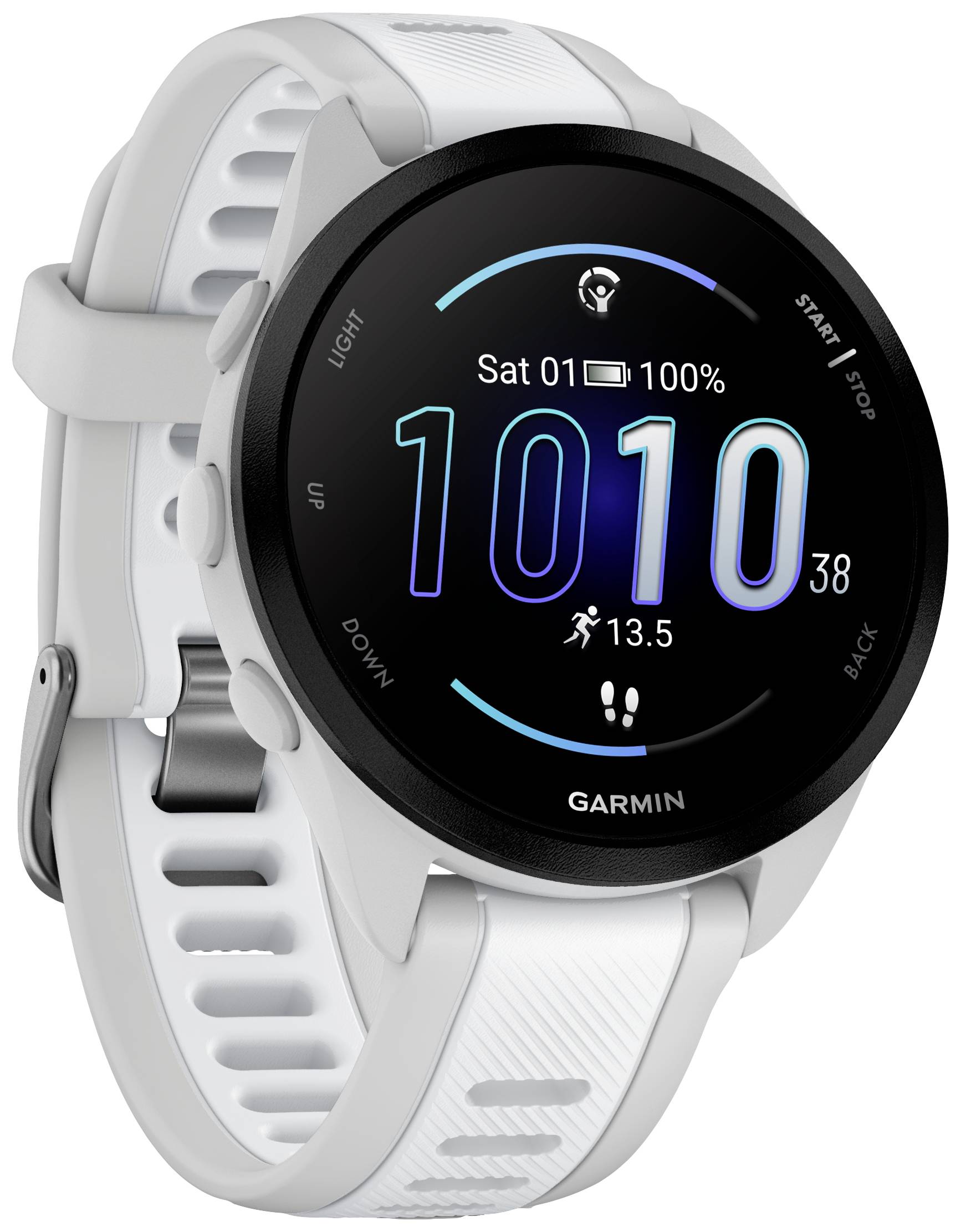 Eine Smartwatch mit rundem Display zeigt das Datum 'Samstag, 01' und eine große Uhrzeit '10:10'. Der Ladezustand ist bei 100%.