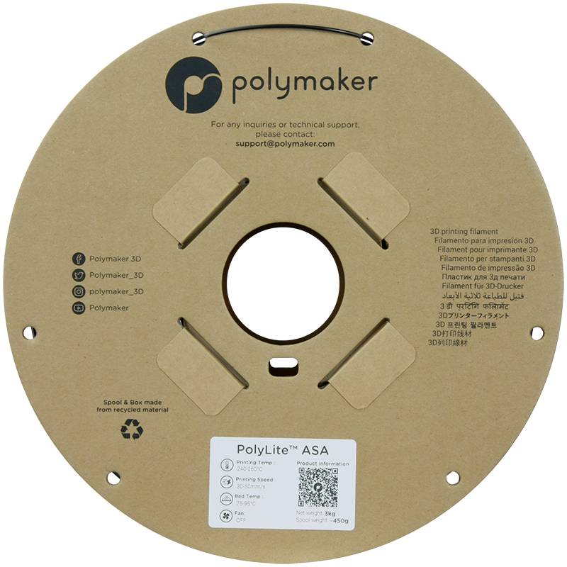 Polymaker Filamentspule aus recyceltem Material. Kontaktinformationen und Social-Media-Handles angegeben. PolyLite™ ASA 450g.