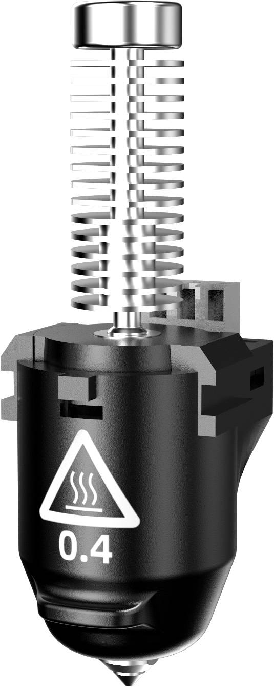 Düse eines 3D-Druckers. Enthält Warnsymbol für Hitze und Angabe der Düsengröße 0.4, schwarzes Gehäuse mit Metallkomponenten.