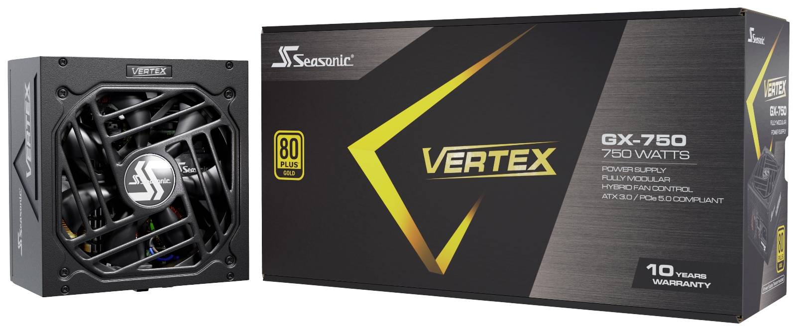 Netzteil und Verpackung des Seasonic Vertex GX-750, 750 Watt, mit 80 Plus Gold Zertifizierung und 10 Jahre Garantie.