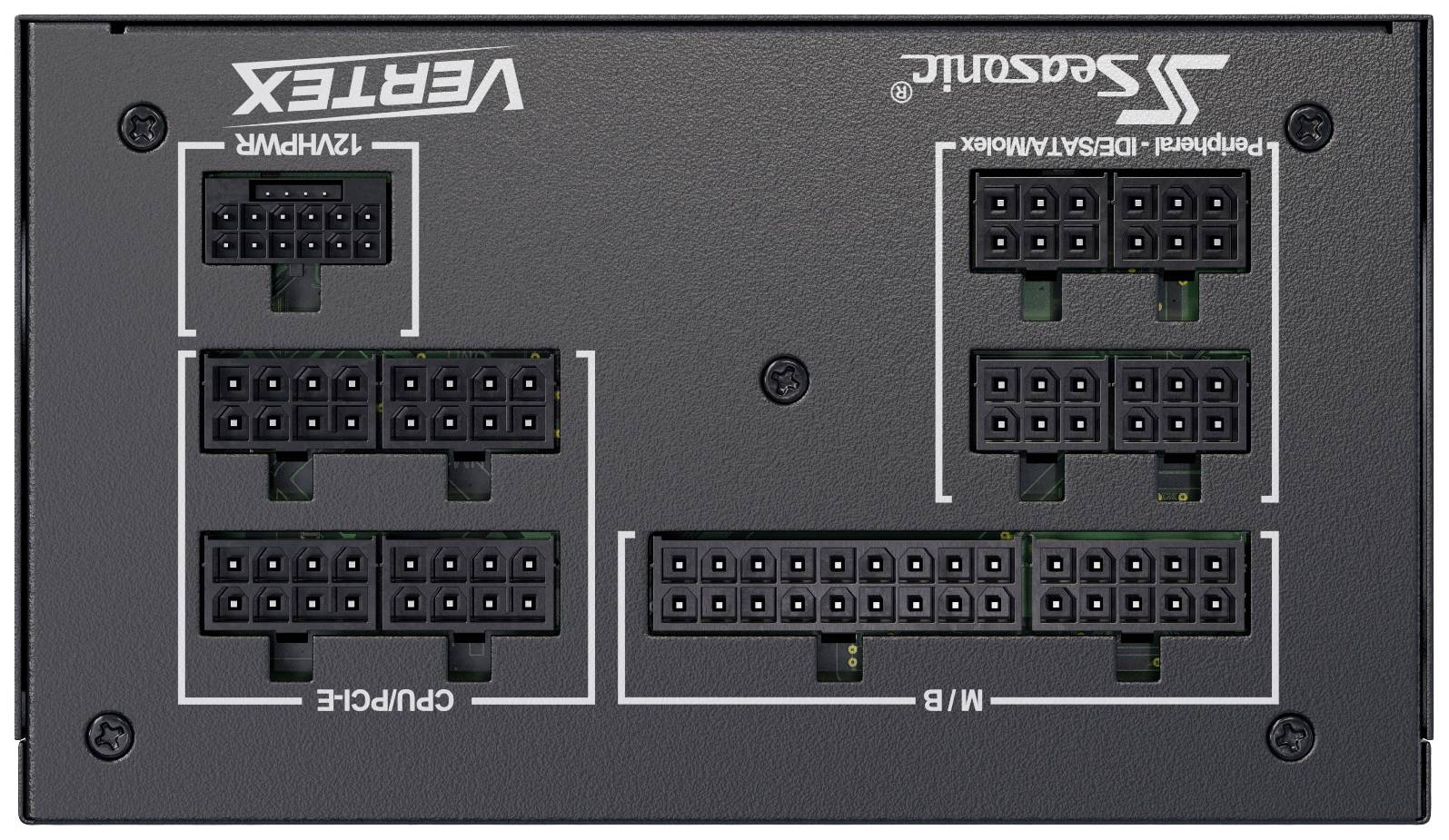 Rückseite eines Netzteils mit mehreren schwarzen Anschlüssen, beschriftet mit 'CPU', 'MB' und 'Peripherie/Datenspeicher'.