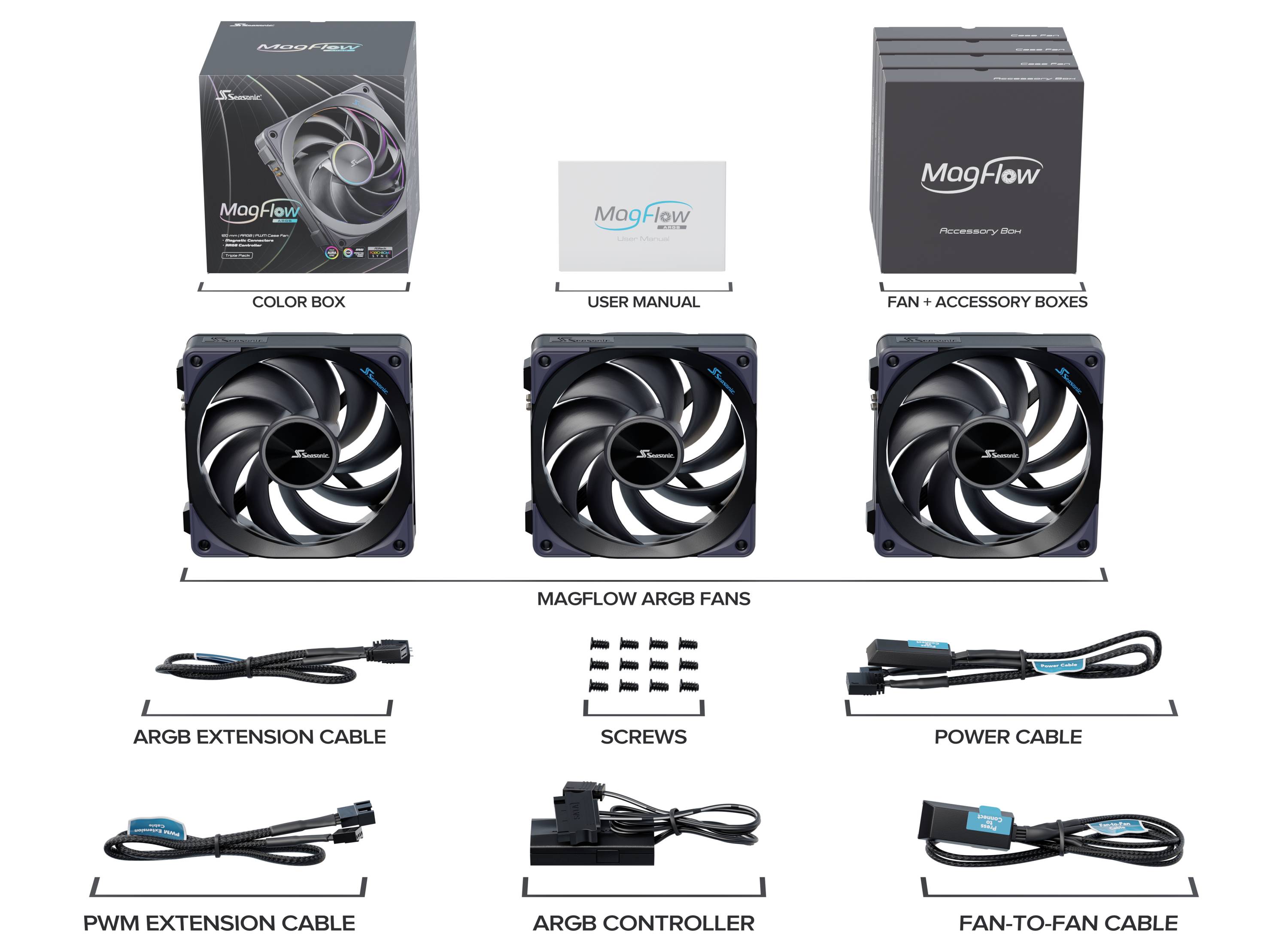 Seasonic MagFlow 1225PWM ARGB 120 PC-Gehäuse-Lüfter Schwarz (B x H x T) 365.8 x 120.4 x 26.6mm