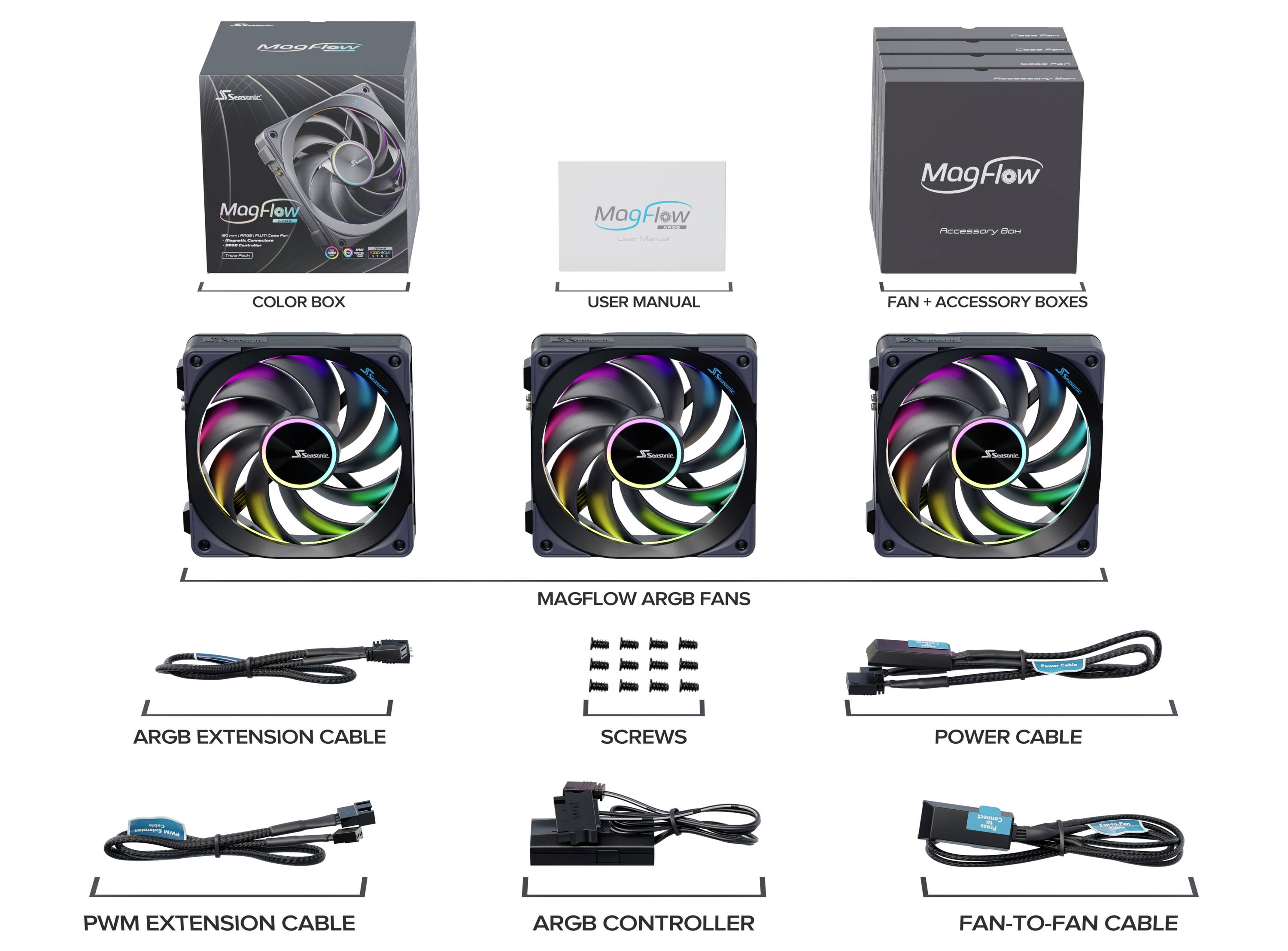 Seasonic MagFlow 1225PWM ARGB 120 PC-Gehäuse-Lüfter Schwarz (B x H x T) 365.8 x 120.4 x 26.6mm