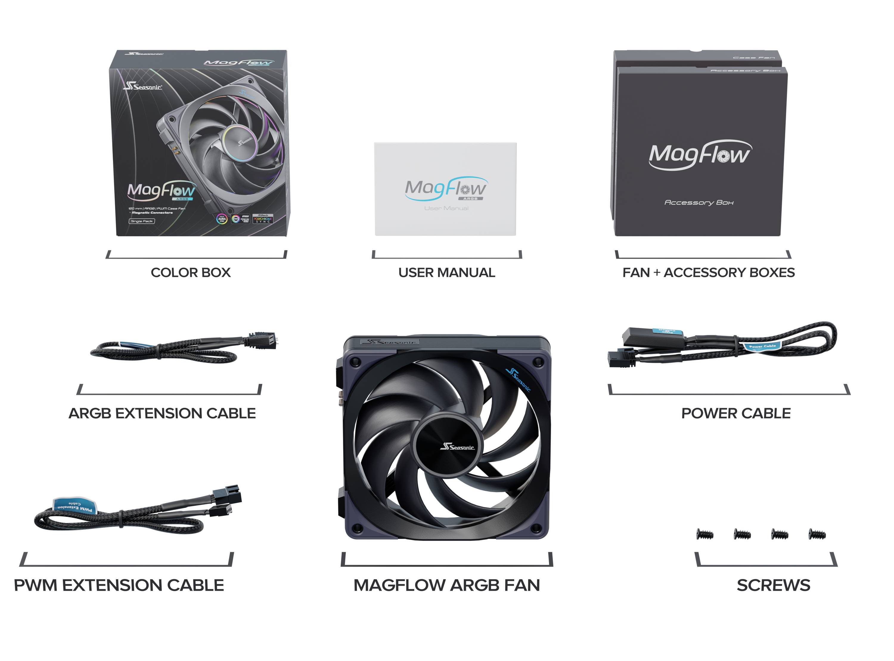 Seasonic MagFlow 1225PWM ARGB 120 PC-Gehäuse-Lüfter Schwarz (B x H x T) 124.2 x 120.4 x 26.6 mm