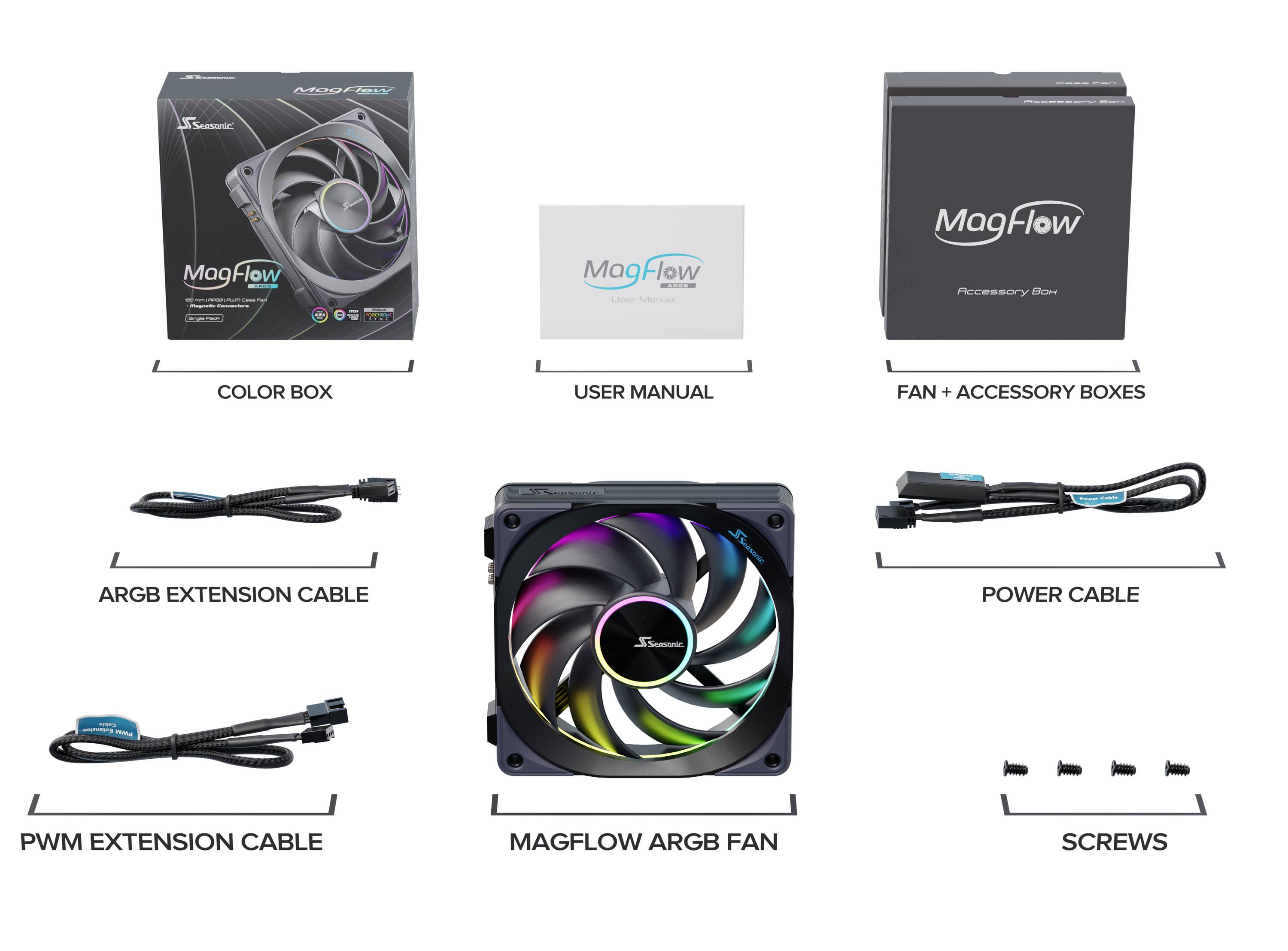 Seasonic MagFlow 1225PWM ARGB 120 PC-Gehäuse-Lüfter Schwarz (B x H x T) 124.2 x 120.4 x 26.6 mm
