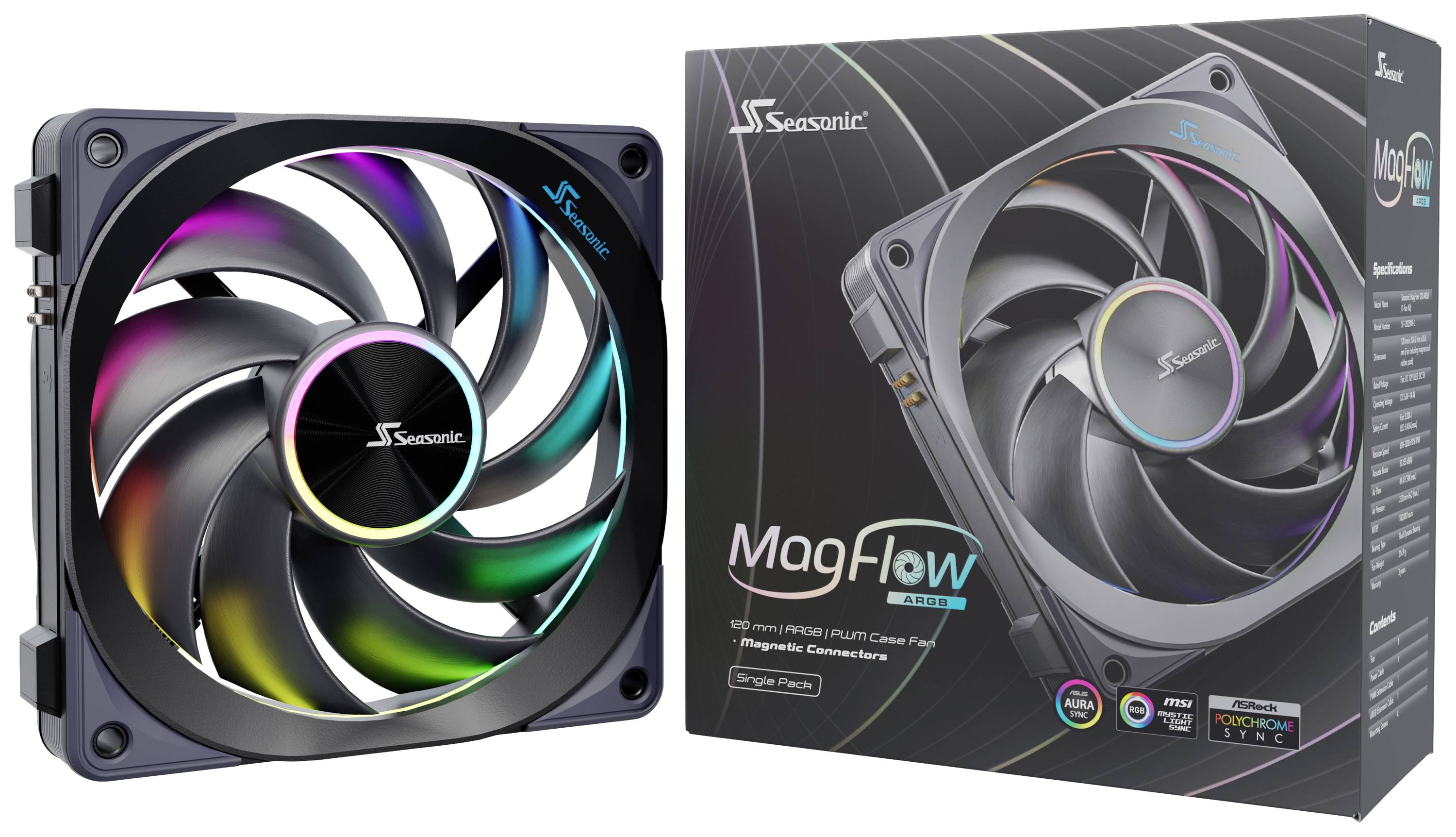 Seasonic MagFlow 1225PWM ARGB 120 PC-Gehäuse-Lüfter Schwarz (B x H x T) 124.2 x 120.4 x 26.6 mm