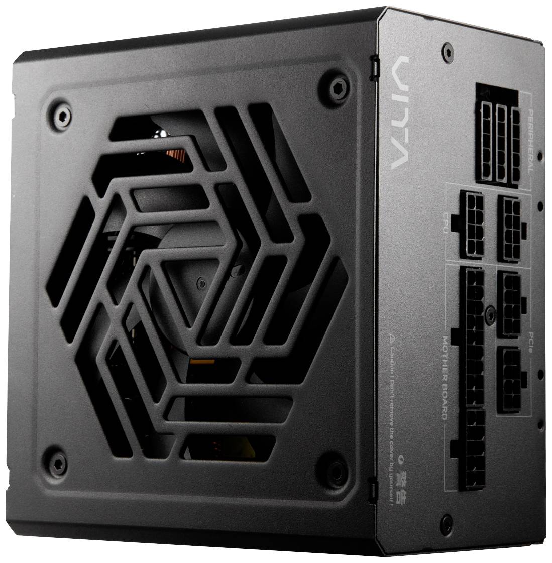 Ein schwarzes PC-Netzteil mit modularen Anschlüssen und sichtbaren Lüftungsöffnungen, Markenname an der Seite sichtbar.