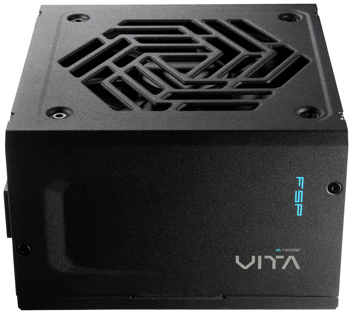 Schwarzes Computer-Netzteil mit Lüftungsschlitzen auf der Oberseite. Auf der Seite sind die Markierungen 'FSP' und 'VITA' zu sehen.