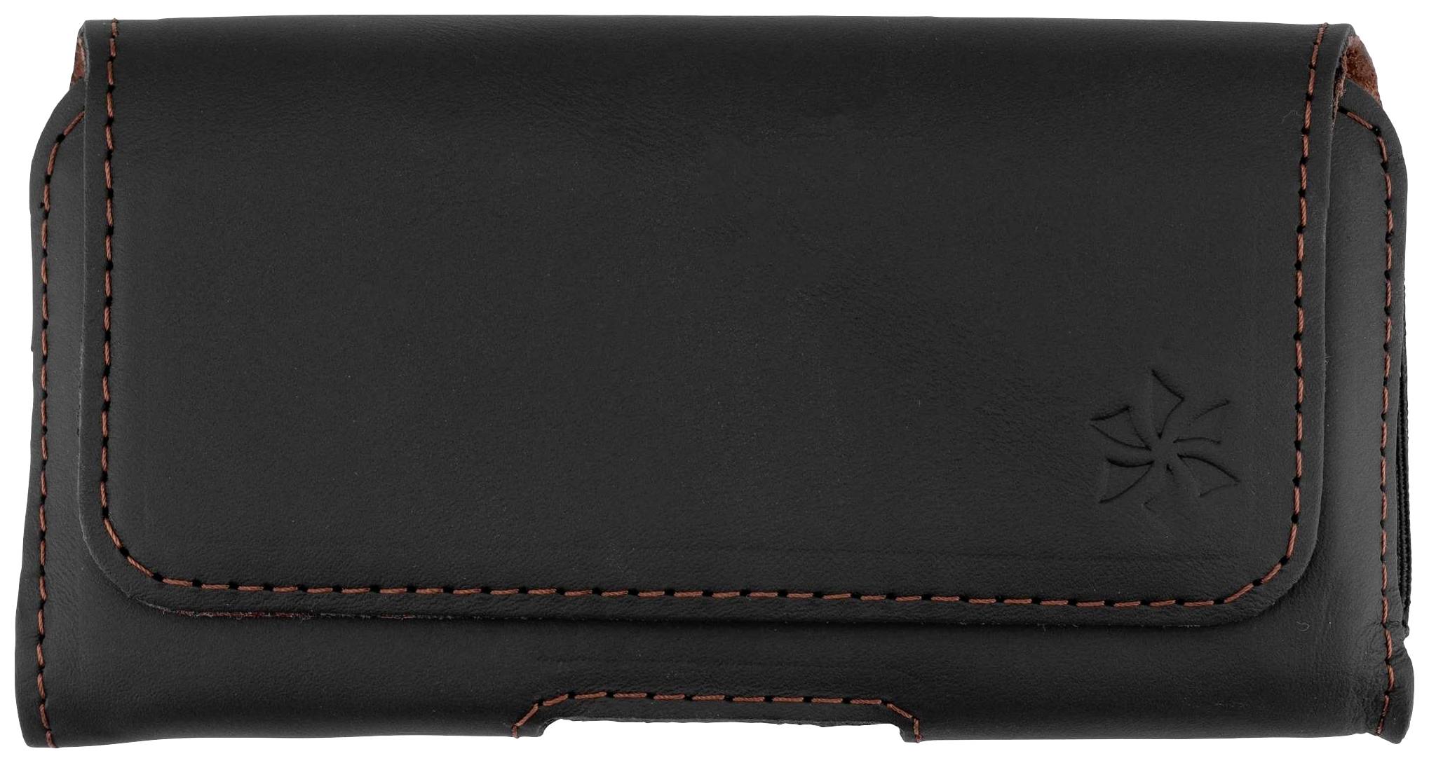 Schwarzes Lederetui mit orangefarbenen Nähten und einem Blumenmuster in der rechten Ecke.