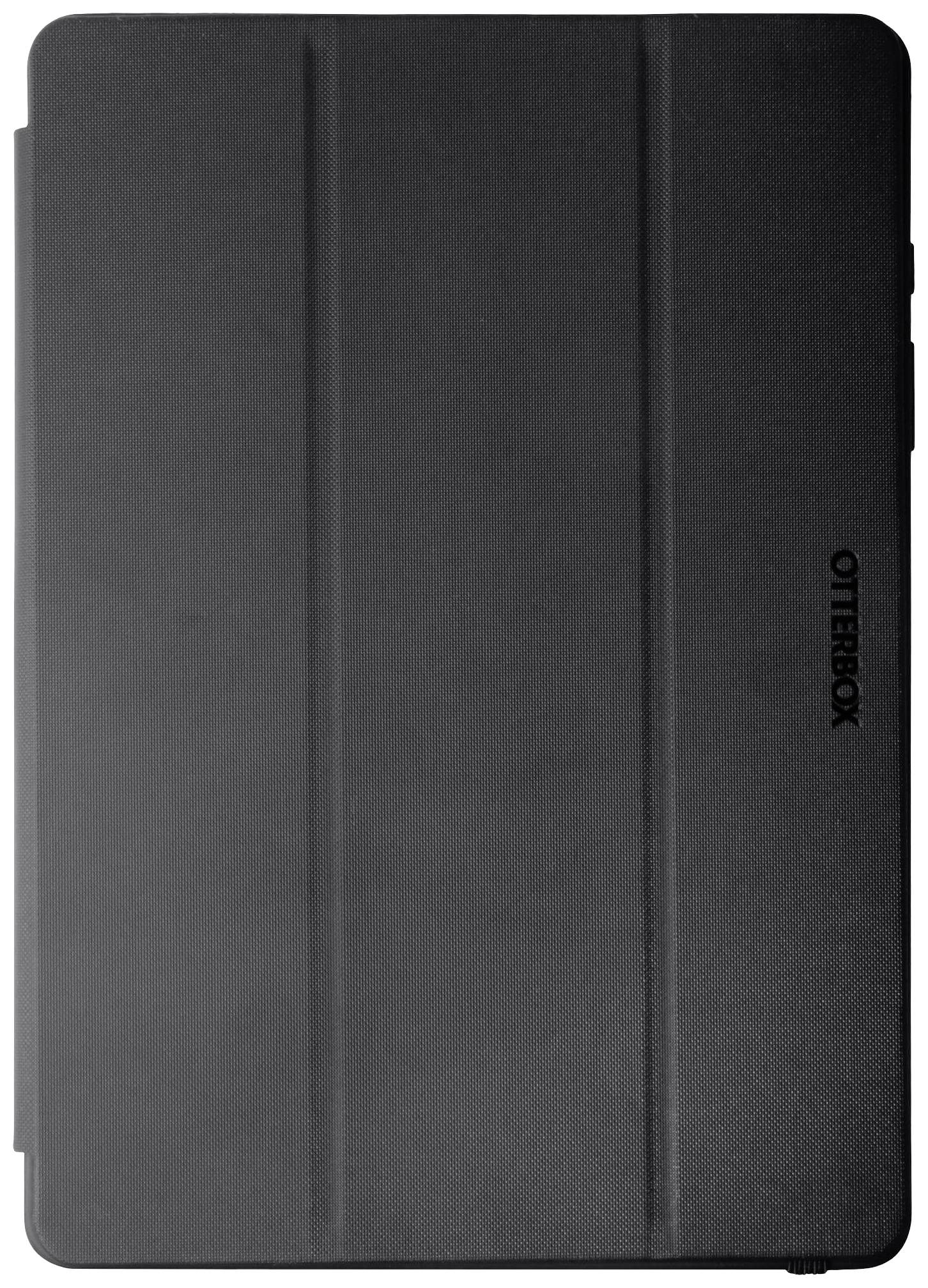 Eine schwarze, robuste Schutzhülle für Tablets der Marke 'Otterbox', geschlossen und von oben betrachtet.