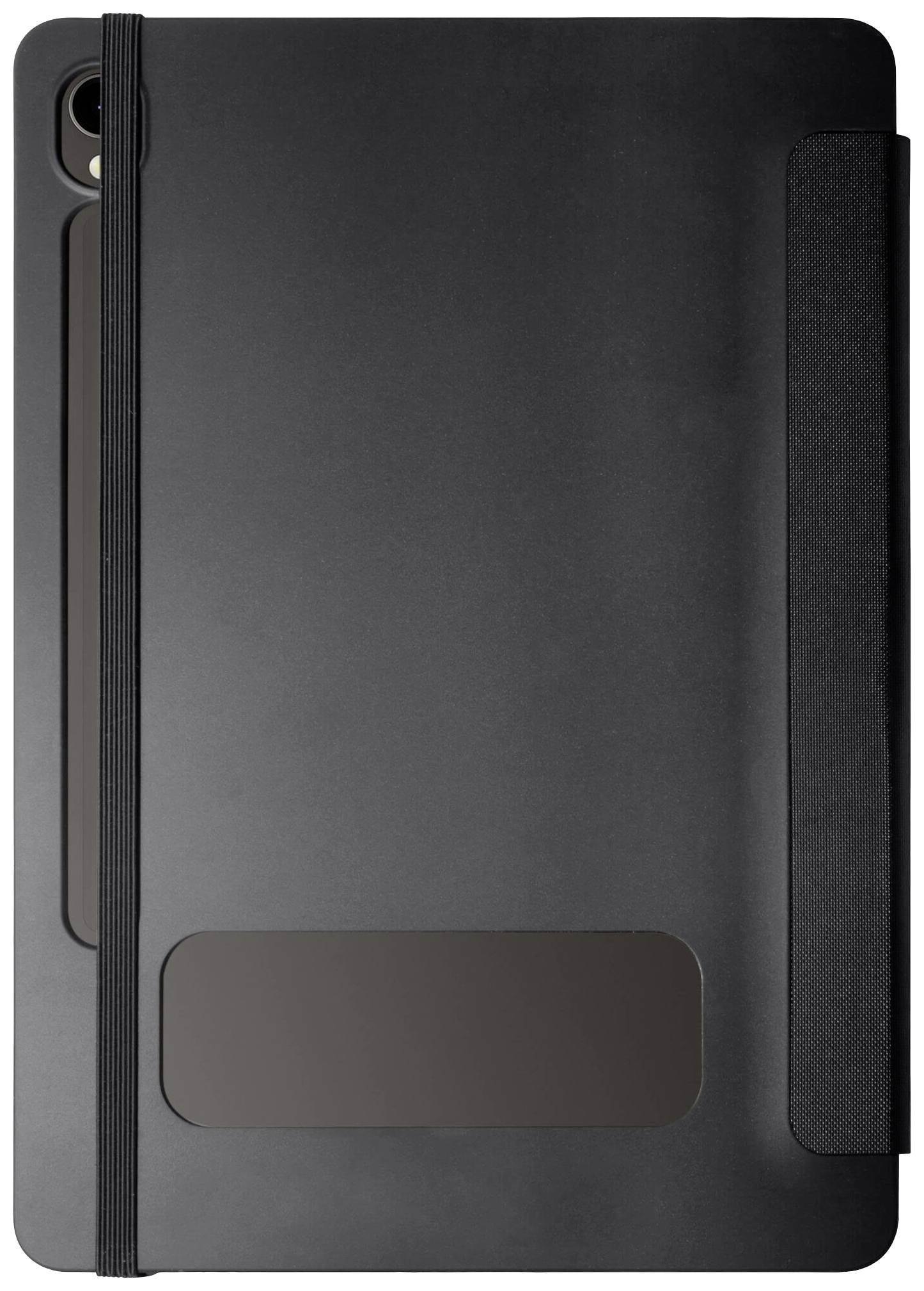 Schwarzes Notizbuch mit elastischem Verschlussband und rechteckigem Feld unten rechts.