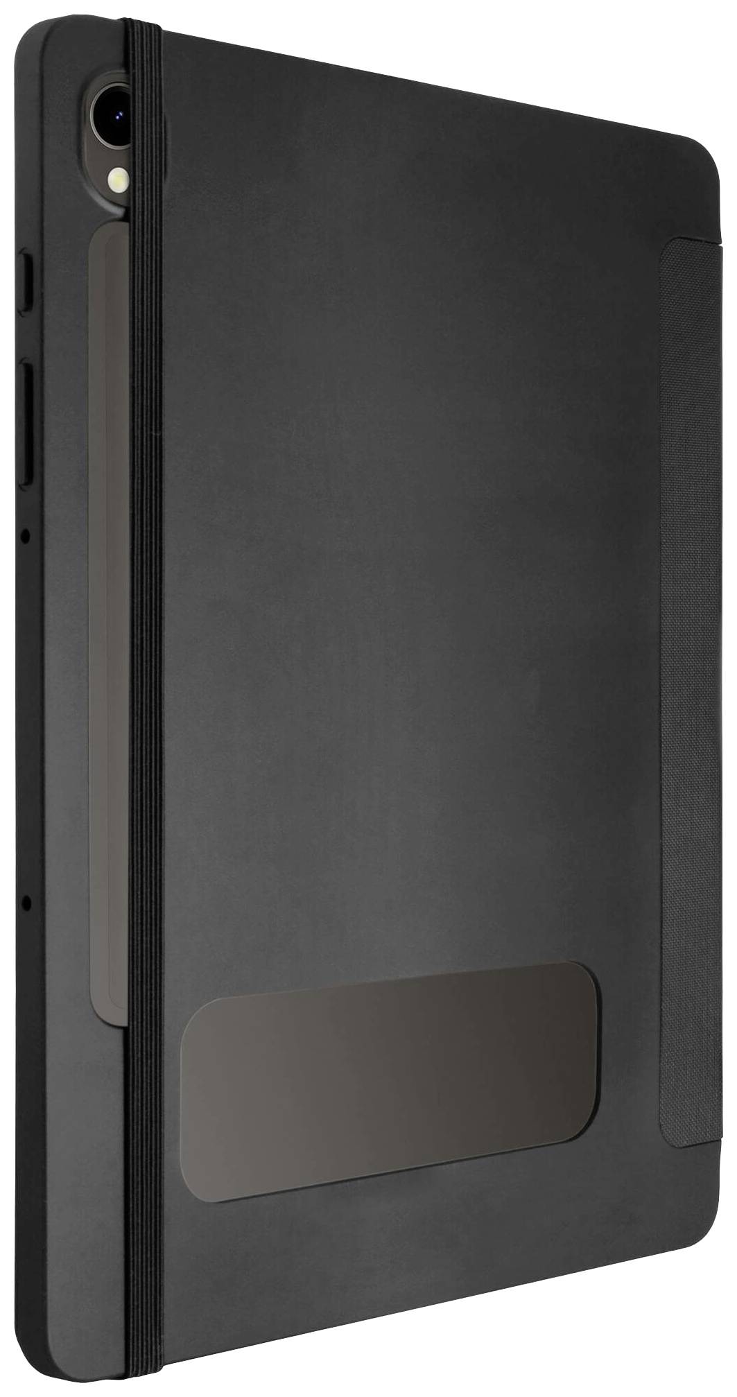 Schwarzes Tablet in schlanker Hülle, zeigt Rückseite mit Kameraaussparung und elastischem Bandverschluss. Moderne, minimalistische Gestaltung.