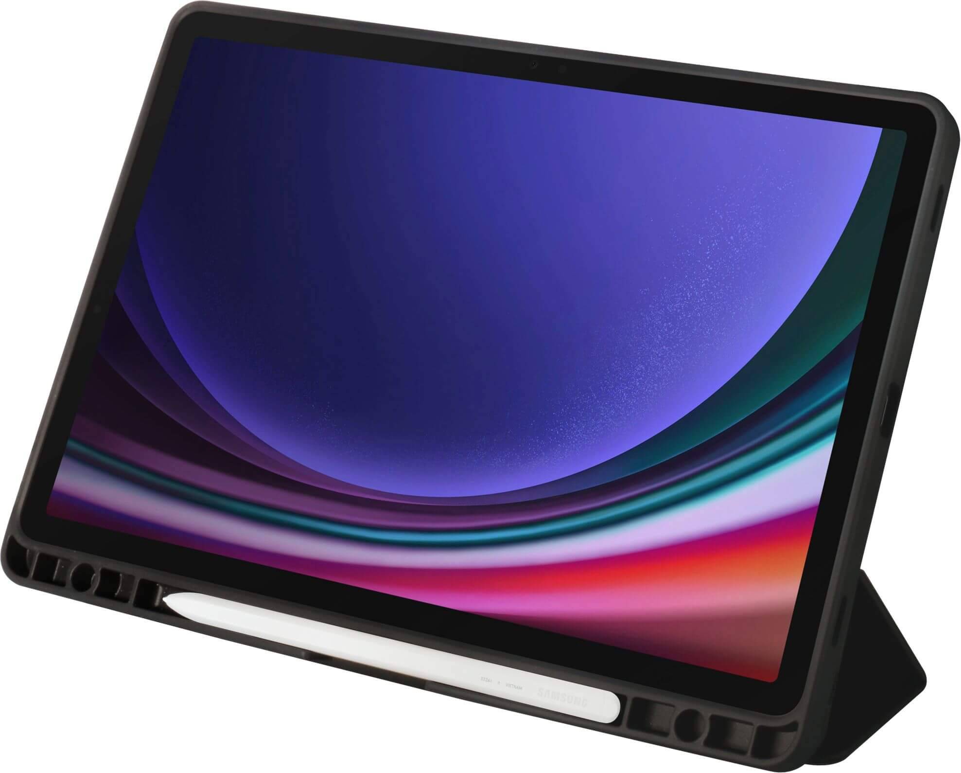 Ein Tablet mit abgewinkeltem Standfuß und einem Stylus, der darunter liegt. Der Bildschirm zeigt ein abstraktes blau-violettes Design.