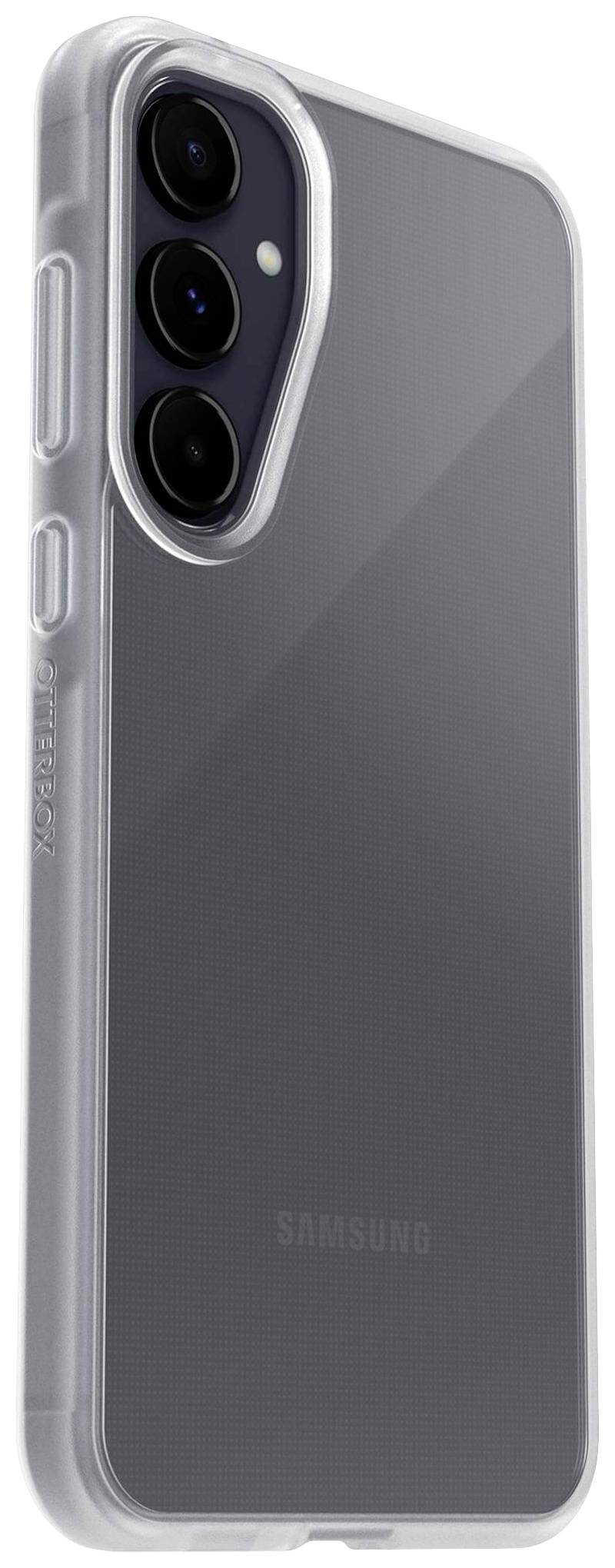 Transparente Handyhülle für ein Samsung-Smartphone mit drei Kameralinsen, liegt flach und zeigt die Rückseite des Geräts.