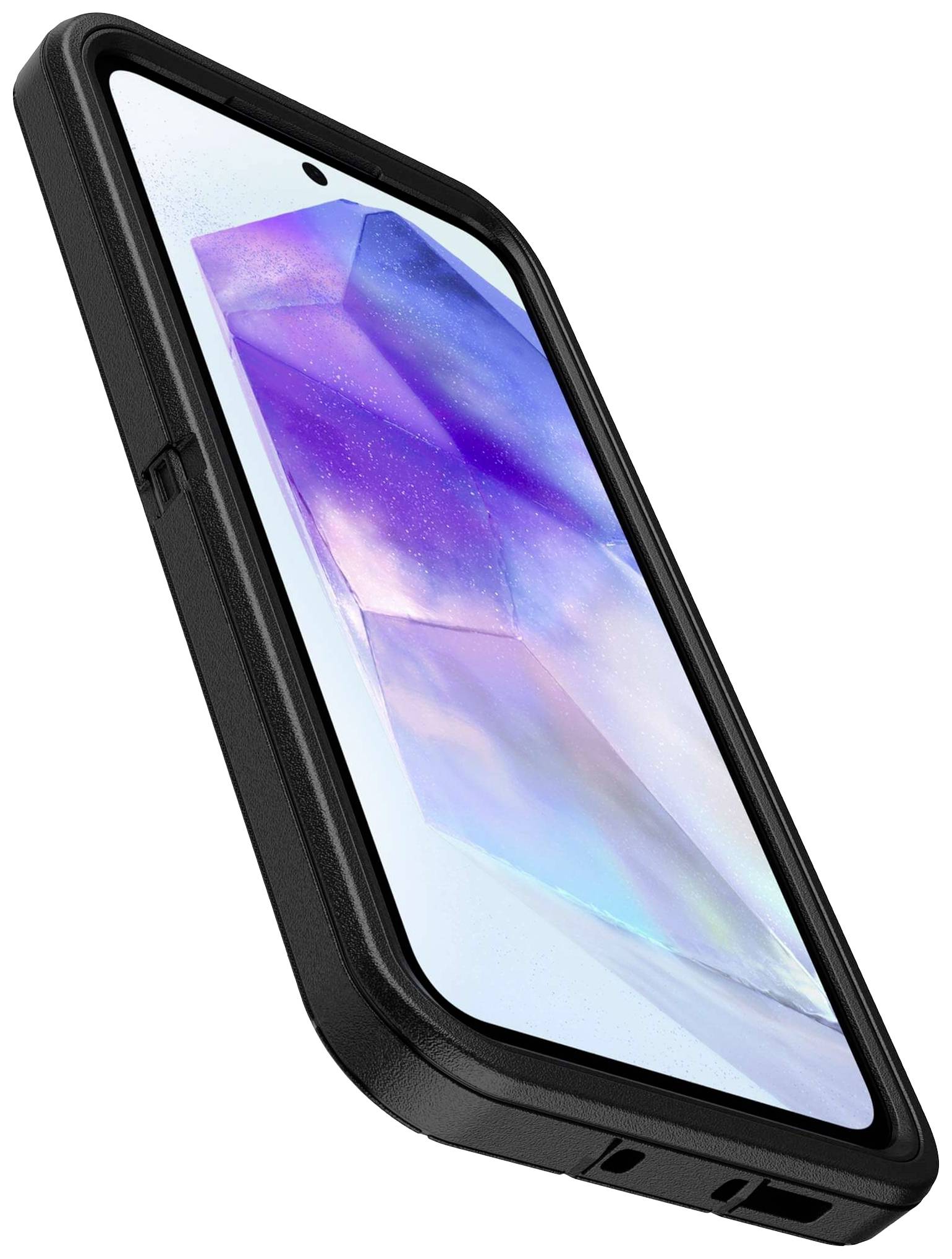 Smartphone in einer robusten schwarzen Schutzhülle mit leichtem Winkel, Bildschirm zeigt ein abstraktes buntes Muster.