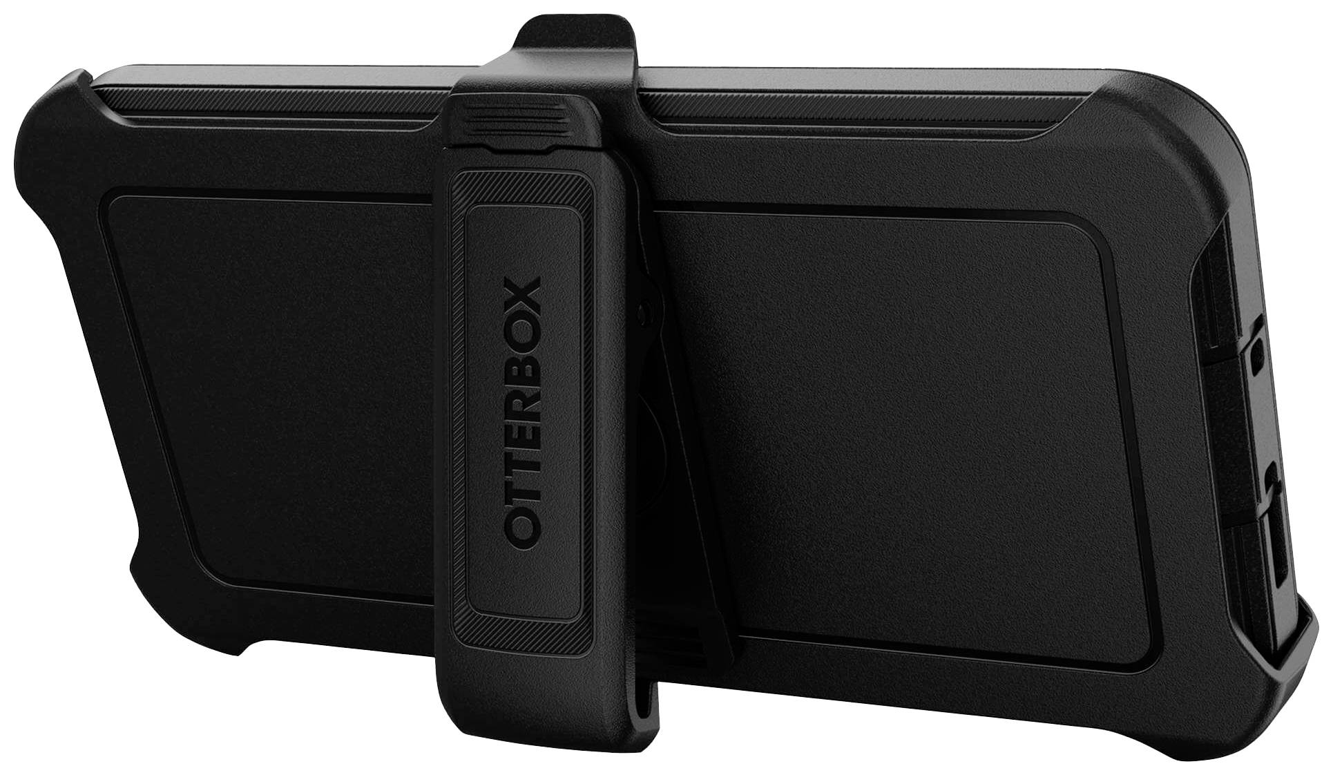 Schwarze Handyschutzhülle von OtterBox mit robustem Design und integriertem Clip für eine horizontale Ausrichtung des Geräts.