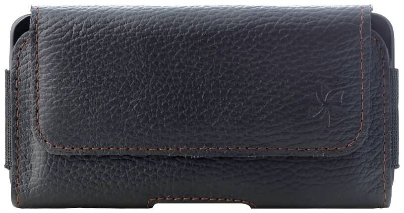 Eine schwarze Ledertasche mit orangefarbenen Nähten. Sie ist rechteckig und kompakt, geeignet zum Tragen eines kleinen elektronischen Geräts.