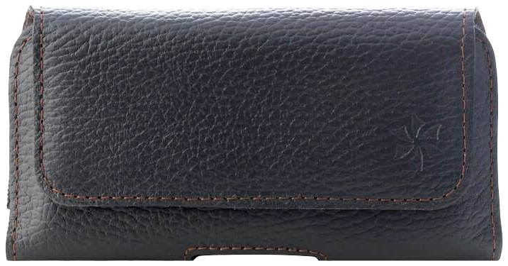 Schwarze Ledertasche mit einer kleinen geprägten Blume auf der rechten Seite, orangefarbene Nähte, rechteckige Form.