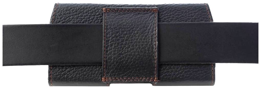 Schwarze Ledertasche mit Gürtelschlaufe und roten Nähten, geeignet für Accessoires oder kleine persönliche Gegenstände.