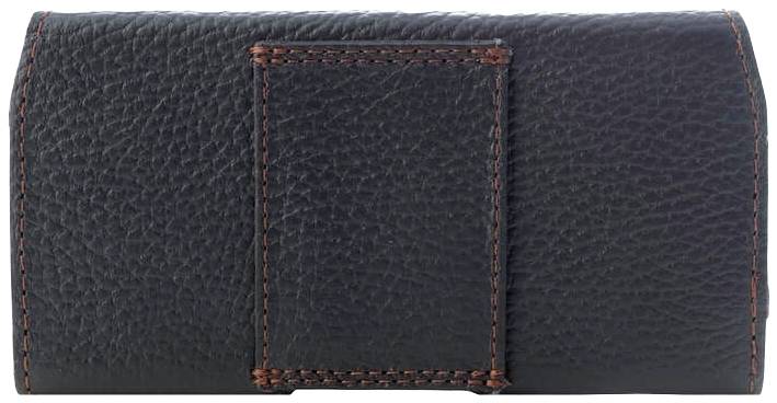 Schwarzes ledernes Etui mit braunen Nähten, rechteckige Form.