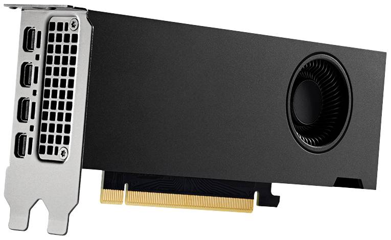Eine schwarze Grafikkarte mit mehreren Display-Anschlüssen und einem Lüfter.