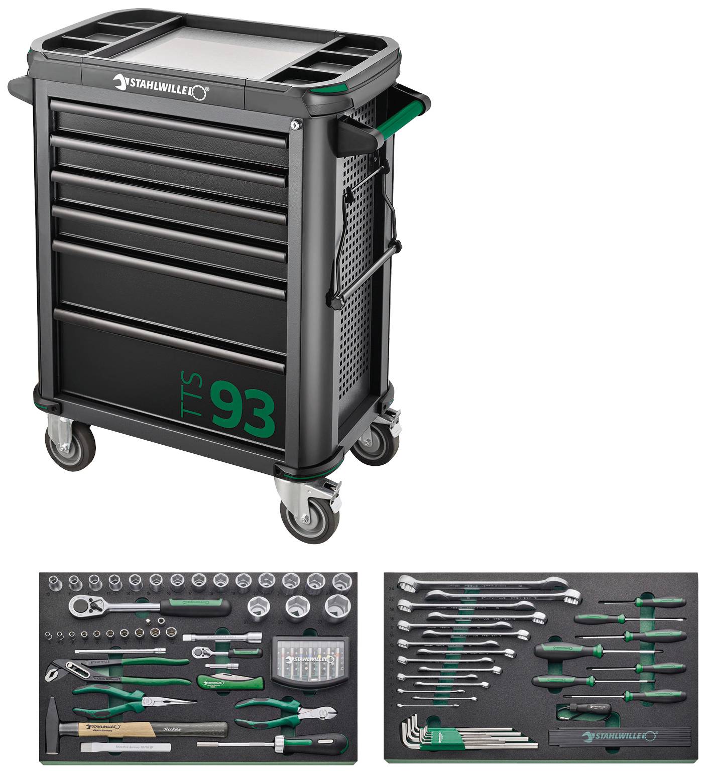 Schwarzer Werkzeugwagen mit fünf Schubladen, grünem Logo und Handwerkzeugen wie Schraubendreher, Zangen und Schraubenschlüssel darunter.