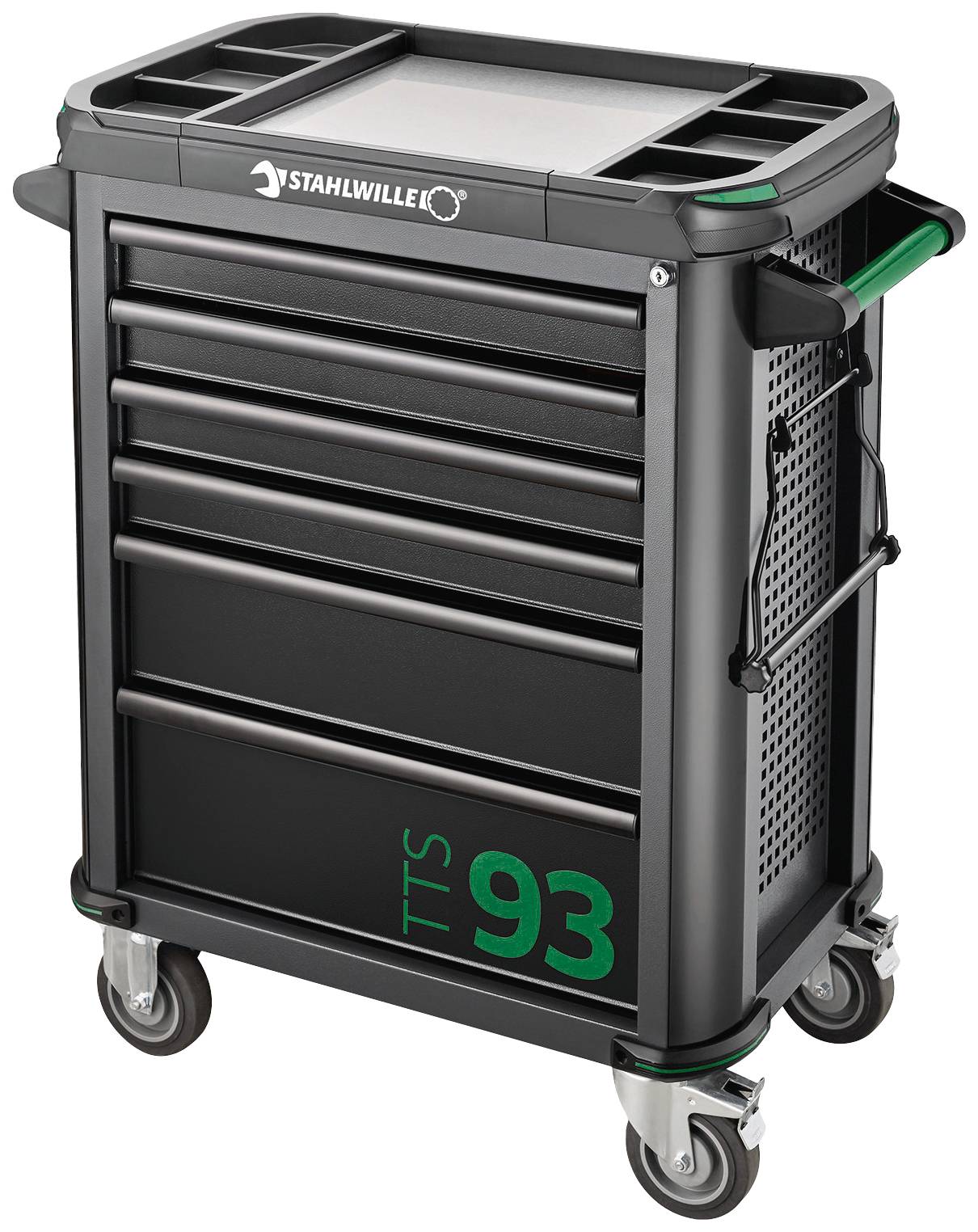 Werkzeugwagen mit mehreren Schubladen, rollbaren Rädern und Griffen. Enthält Stauraum für Werkzeuge. Farbe: Schwarz mit grünen Akzenten.