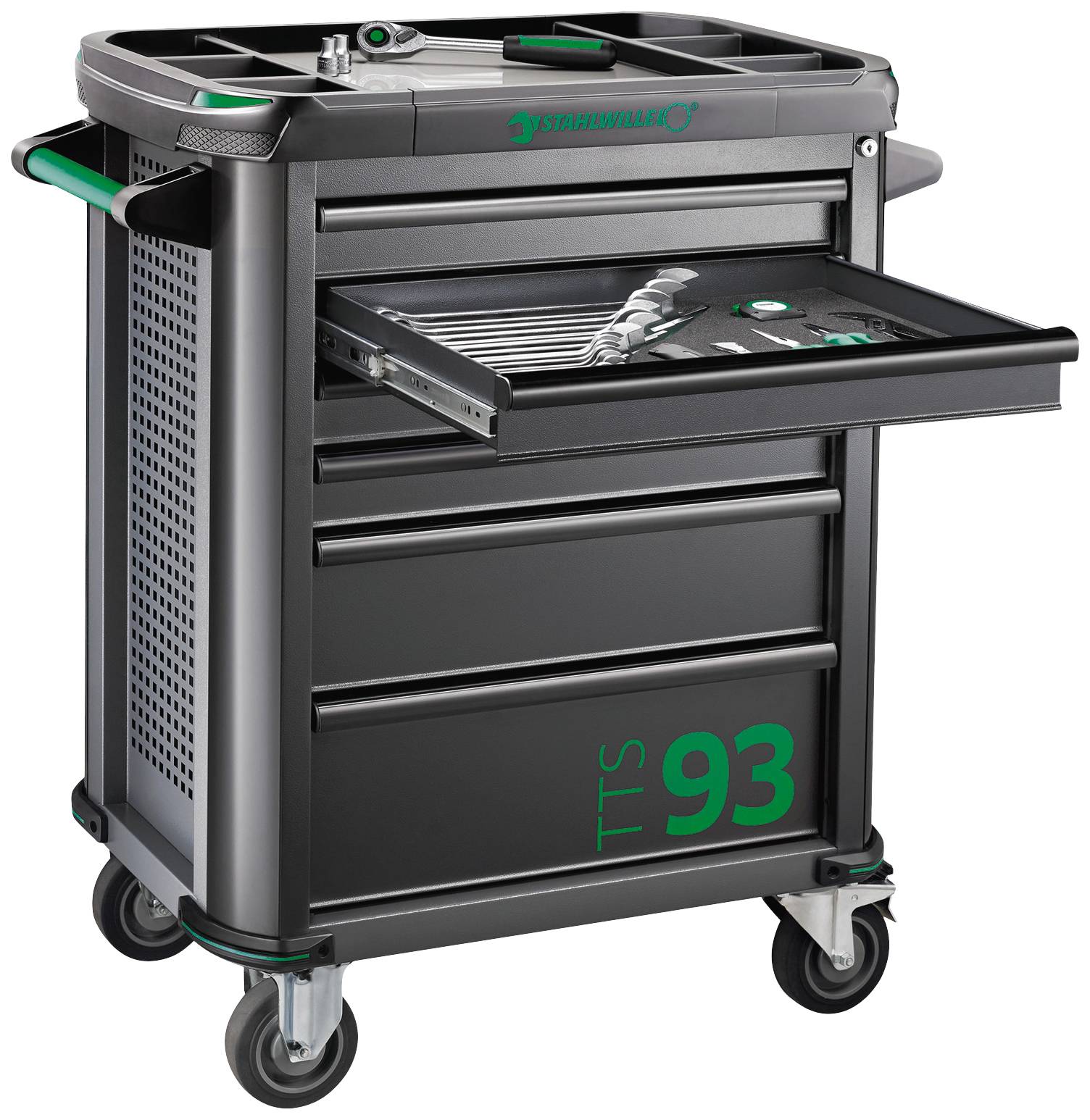 Werkzeugwagen mit offenem Schubfach, das mehrere Schraubenschlüssel zeigt. Räder sind vorhanden, um Mobilität zu gewährleisten.