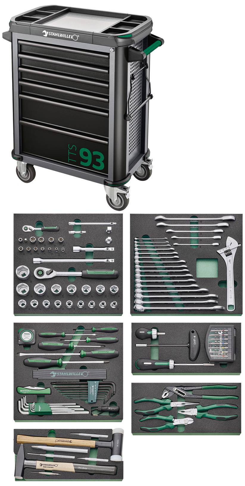 Werkzeugwagen mit fünf Schubladen, voll ausgestattet mit Schraubenschlüsseln, Zangen, Schraubendrehern und mehr, auf Rollen.
