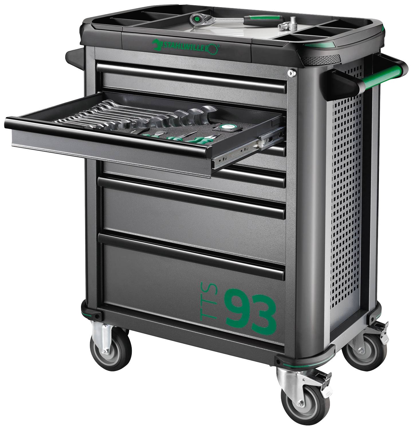 Ein schwarzer Werkstattwagen mit vier Rädern zeigt eine geöffnete Schublade mit verschiedenen Werkzeugen und dem Aufdruck 'TTS 93'.