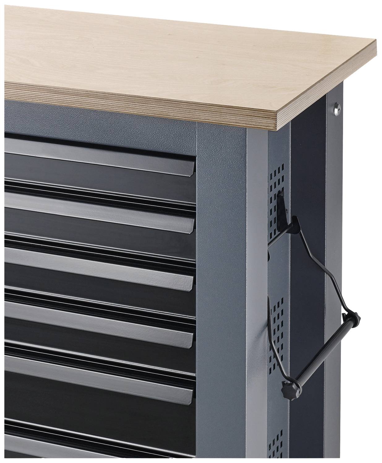 Metallischer Werkzeugschrank mit Holzplatte oben, mehreren Schubladen in der Vorderansicht und Griff an der Seite.