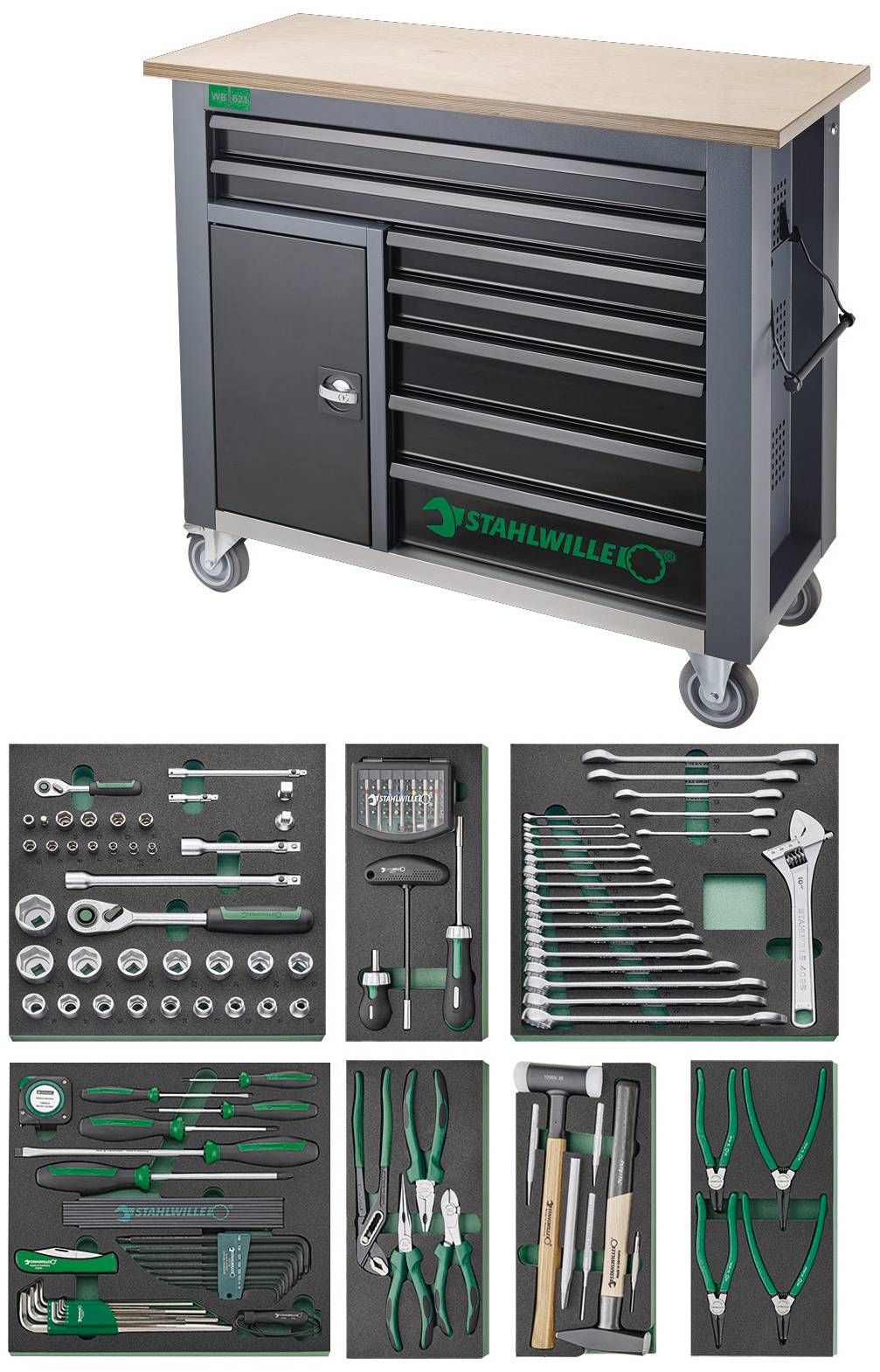 Stahlwille 98830194 Mobile Werkbank inkl. 161-tlg. Premium-Werkzeugsortiment 7 Schubladen (B x H x T) 1150 x 1045 x 500mm