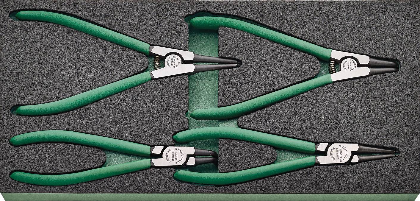 Drei grüne Ringzangen in Schaumstoffeinlage, ordentlich angeordnet. Sie sind für die Montage und Demontage von Sicherungsringen gedacht.