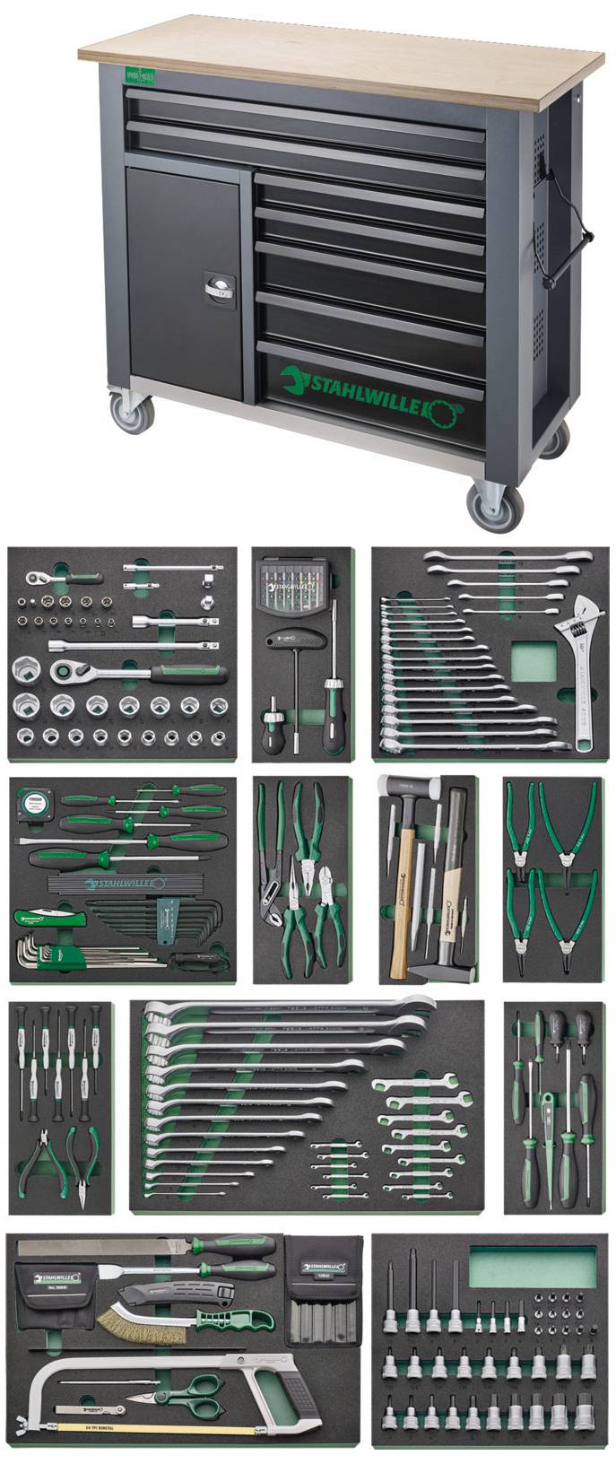 Werkzeugwagen mit Holzplatte und Rädern, enthält diverse Werkzeuge wie Schraubenschlüssel, Hämmer, Zangen und Schraubendreher in Schubladen.