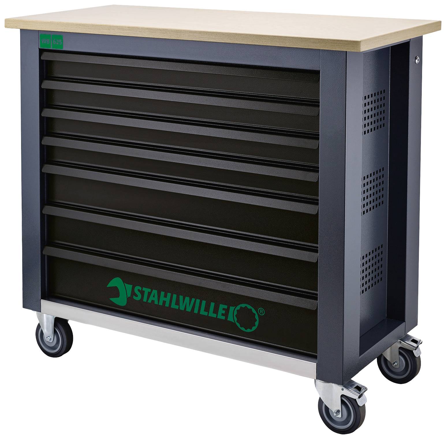 Werkzeugwagen mit sieben Schubladen und Holzarbeitsplatte, auf vier Rollen. Schwarzes Gehäuse mit 'Stahlwille' Logo vorne.