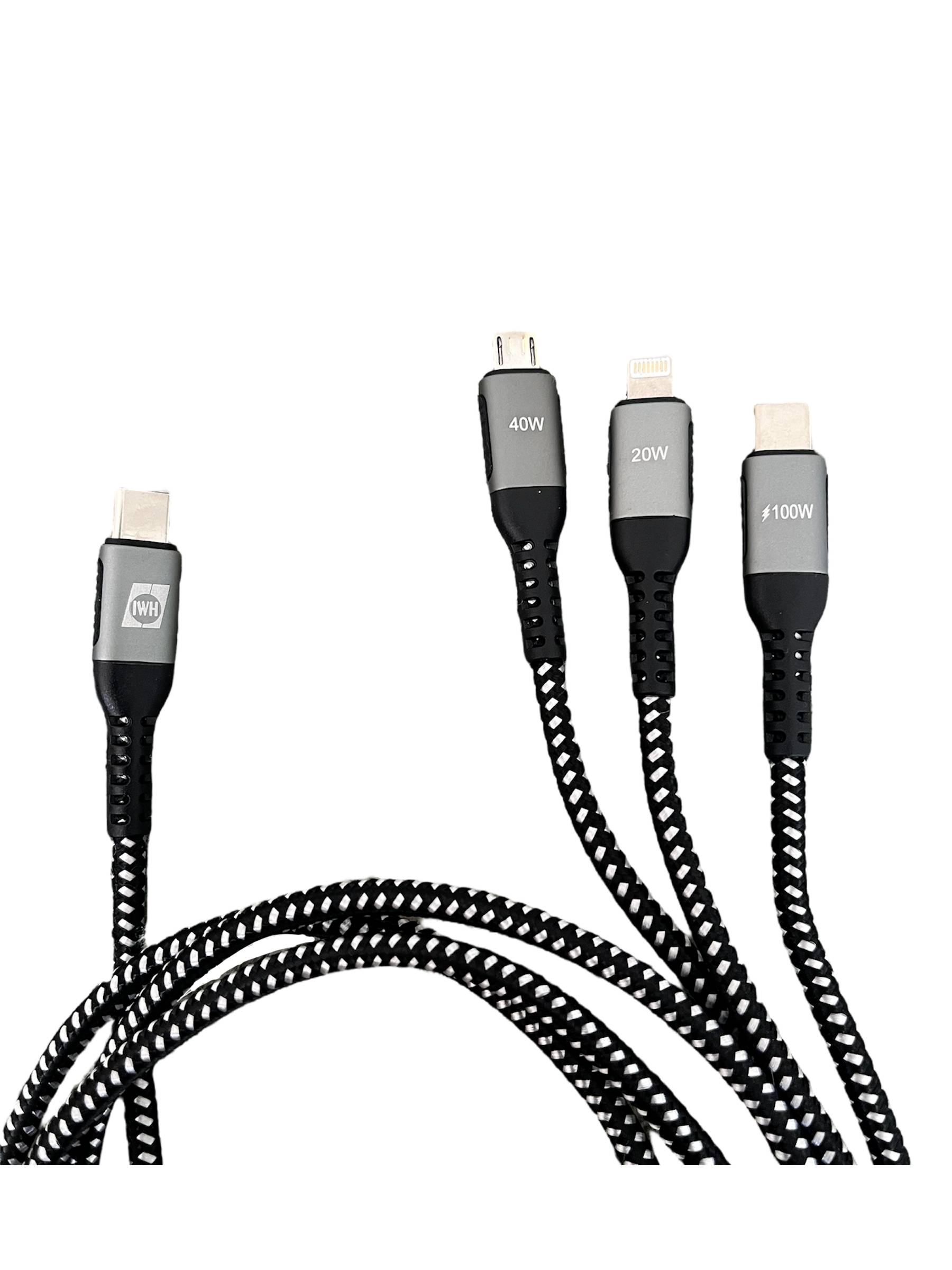 Vier geflochtene Ladekabel mit USB-C-, Micro-USB-, Lightning- und USB-C-Anschlüssen. Die Kabel sind mit '40W', '20W' und '100W' beschriftet.