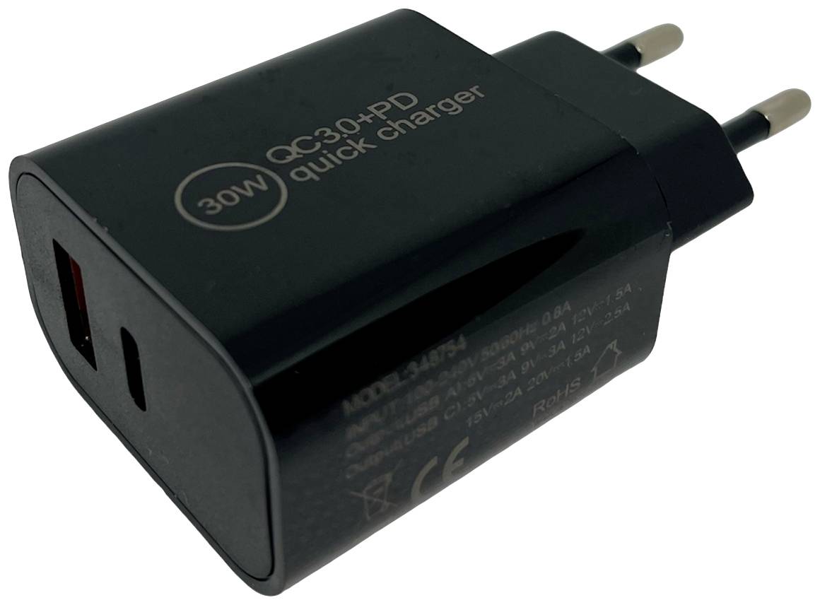 IWH USB Ladegerät 30W 1x USB-A, 1x USB-C® USB PD, QC 3.0 Schwarz Innenbereich
