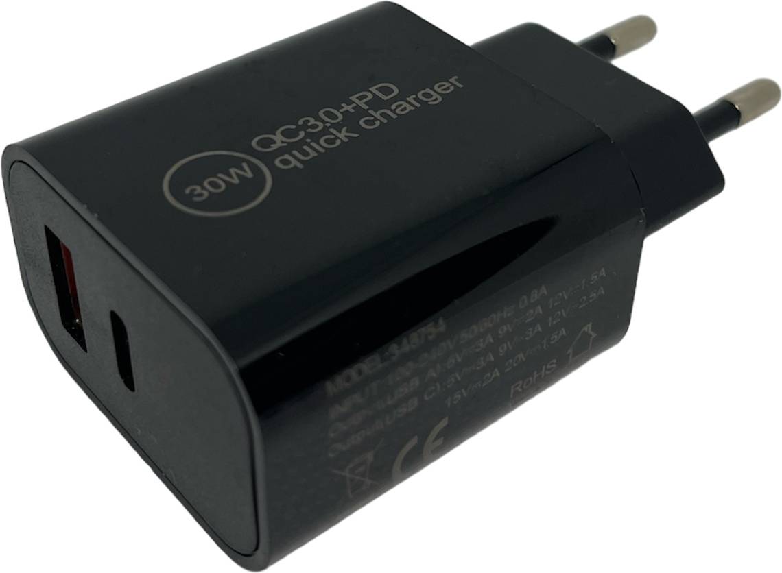 IWH USB Ladegerät 30W 1x USB-A, 1x USB-C® USB PD, QC 3.0 Schwarz Innenbereich