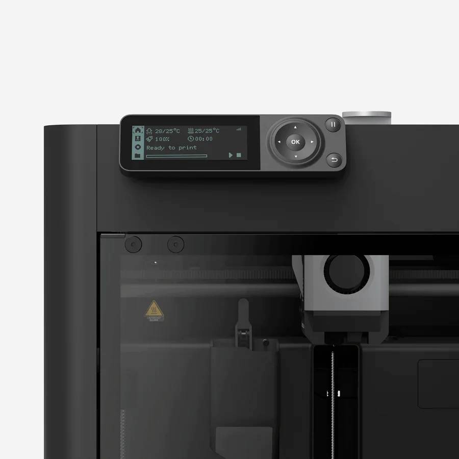 Ein moderner 3D-Drucker mit digitalem Display zeigt den Status 'Bereit zum Drucken' an.